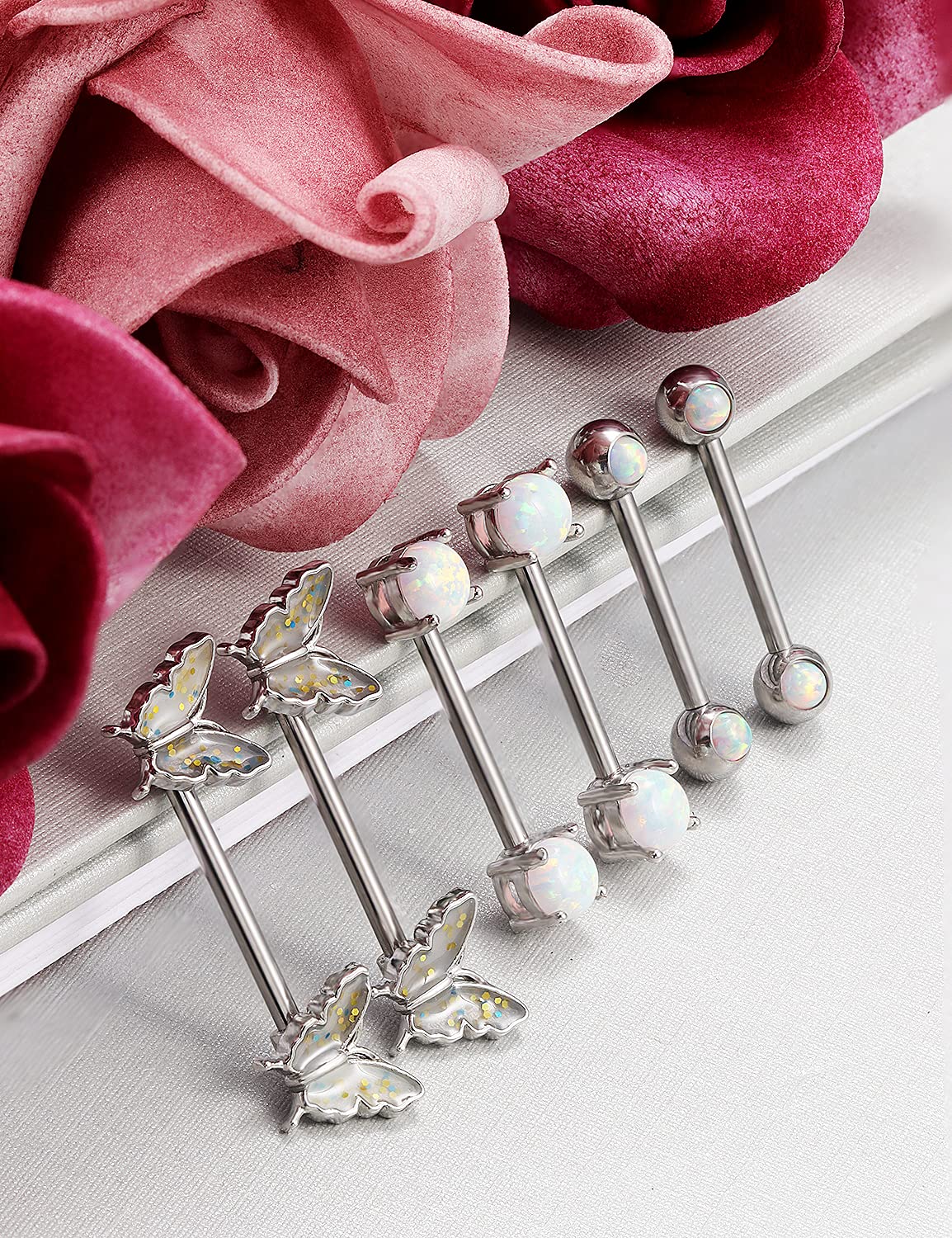 Vsnnsns 14G Stainless Steel Butterfly Nipple Rings with Opal - Surgical Steel Straight Bar Barbell Piercing Jewelry for Women (3 Pairs) - Perfect for Body Piercing, Everyday Wear & Unique Style