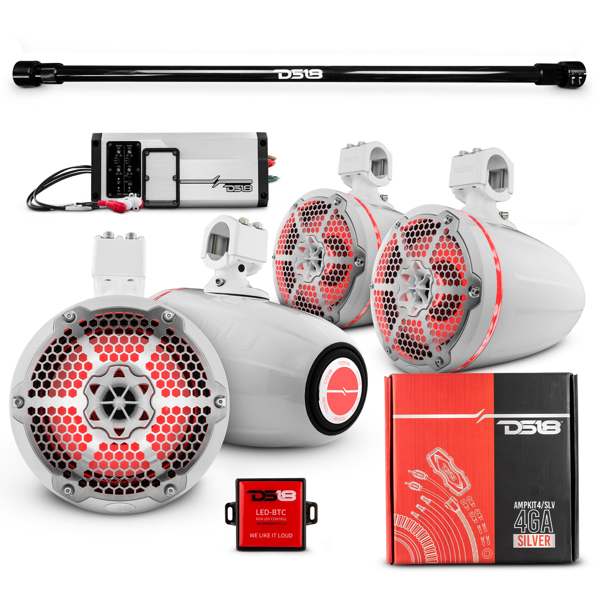 4x8 Inch Marine Tower Speakers with RGB LED Lights - 4 Channel Marine Amplifier & AMPKIT Bundle for Boats, Trucks & Pickups | Waterproof Audio System for Outdoor Parties, Poolside Entertainment & Off-Road Adventures