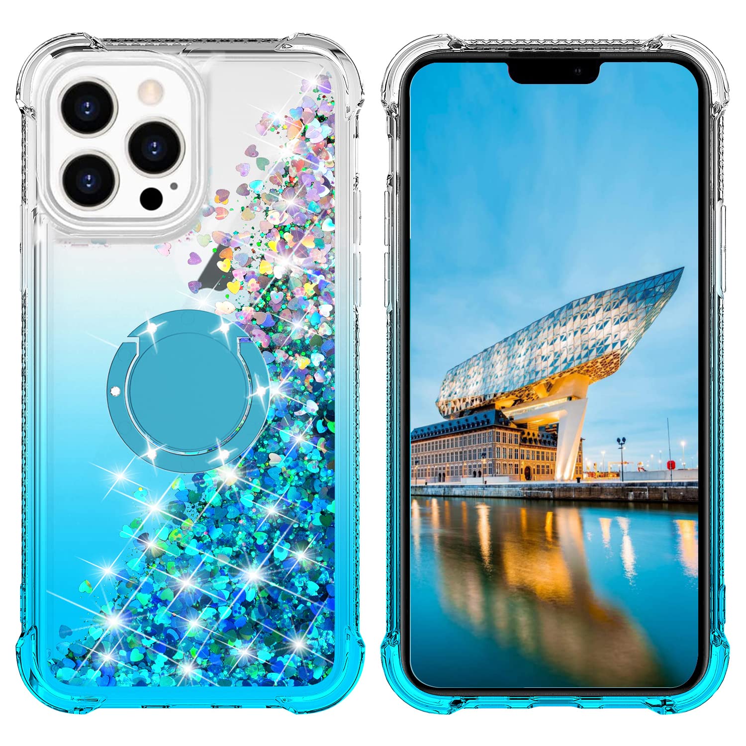 Sparkling Glitter Liquid Waterfall TPU Phone Case for iPhone 12/12 Pro (6.1 Inch) - Rotating Ring Kickstand, Blue | Protective Cover with Bling Design for Daily Use, Parties & Travel