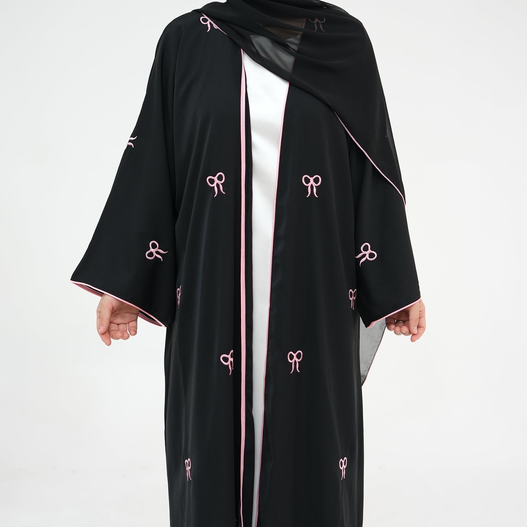 Elegant Iona Bowtie Open Abaya Kimono Set - Black | Modest Muslim Fashion for Women | Perfect for Prayer, Eid, and Special Occasions