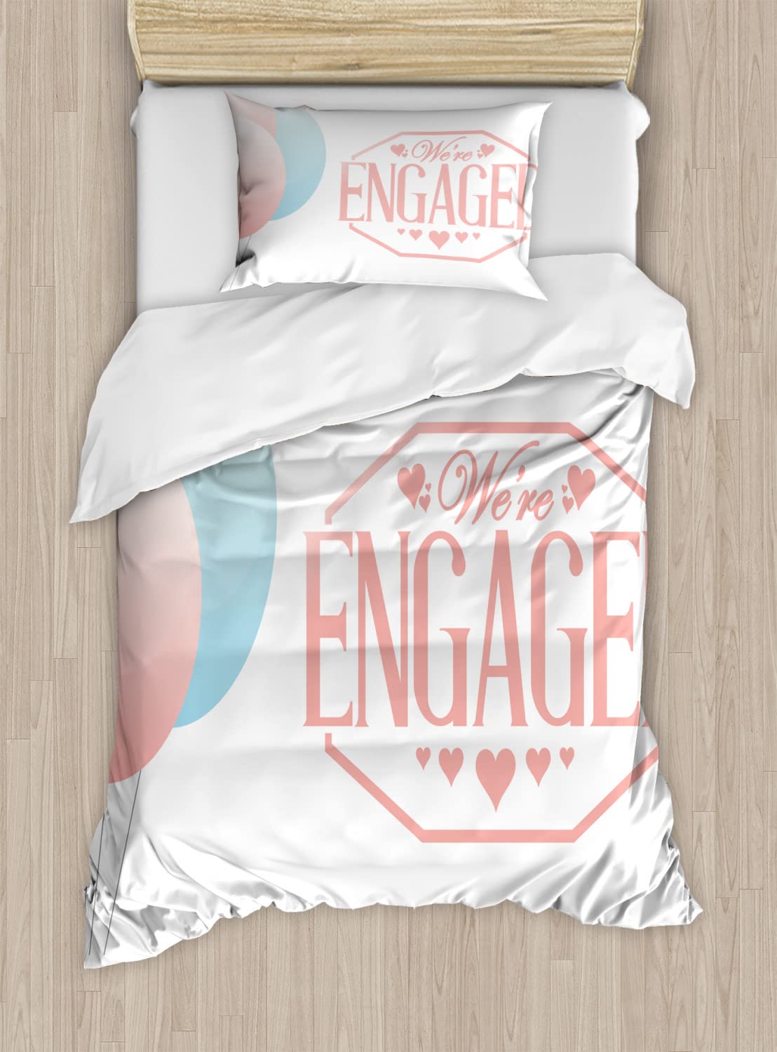 Ambesonne Engagement Party Duvet Cover Set - Queen Size 2-Pack with 2 Duvet Covers & 4 Pillowcases - 'We're Engaged' Celebration Design with Balloons & Hearts in Pale Pink & Blue - Perfect for Engagement Parties, Bridal Showers & Newlywed Bedroom Decor