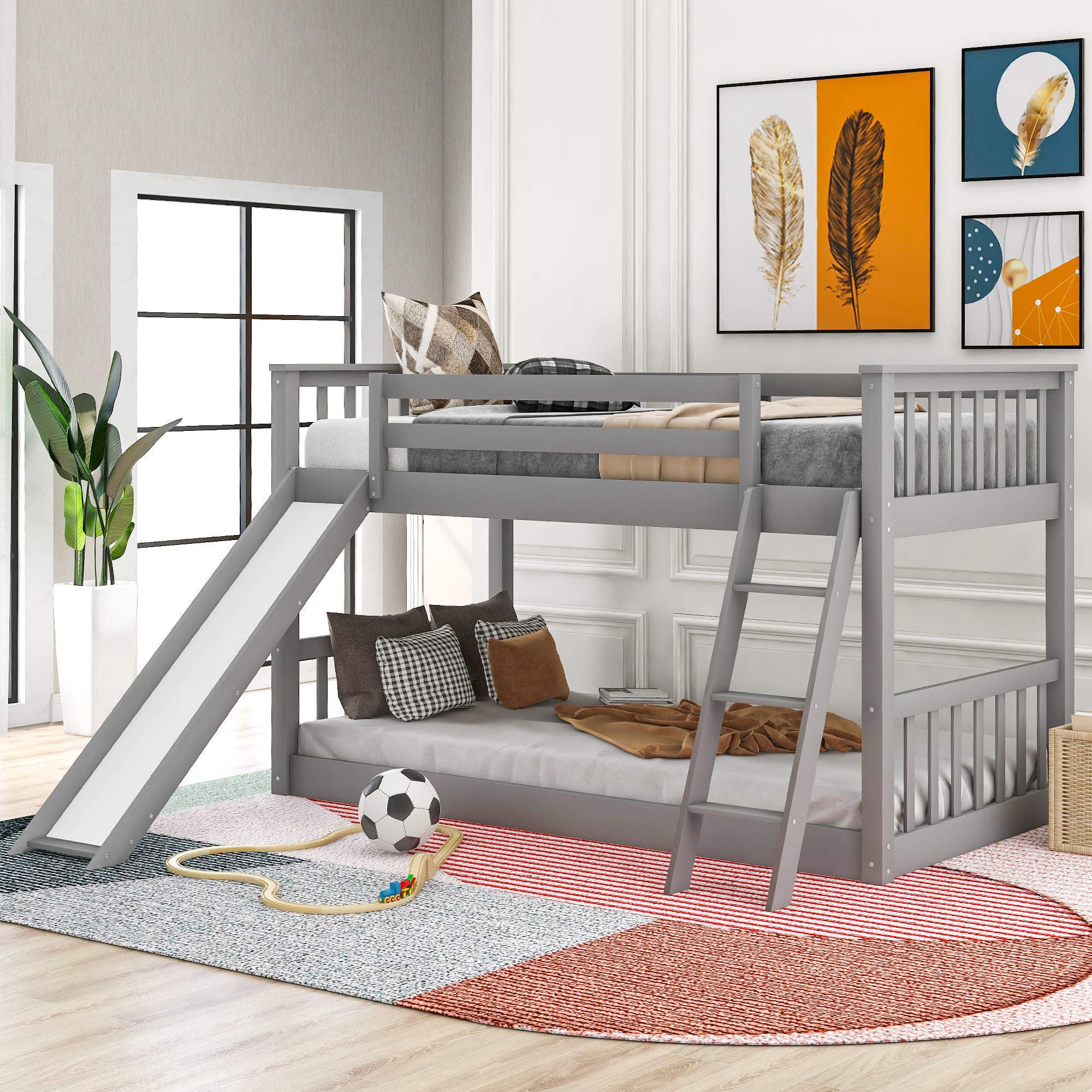 Twin Over Twin Bunk Bed with Slide & Ladder - Solid Wood Loft Bed for Kids, No Box Spring Needed (Gray) | Space-Saving Kids Bedroom Furniture for Small Rooms & Shared Sibling Spaces