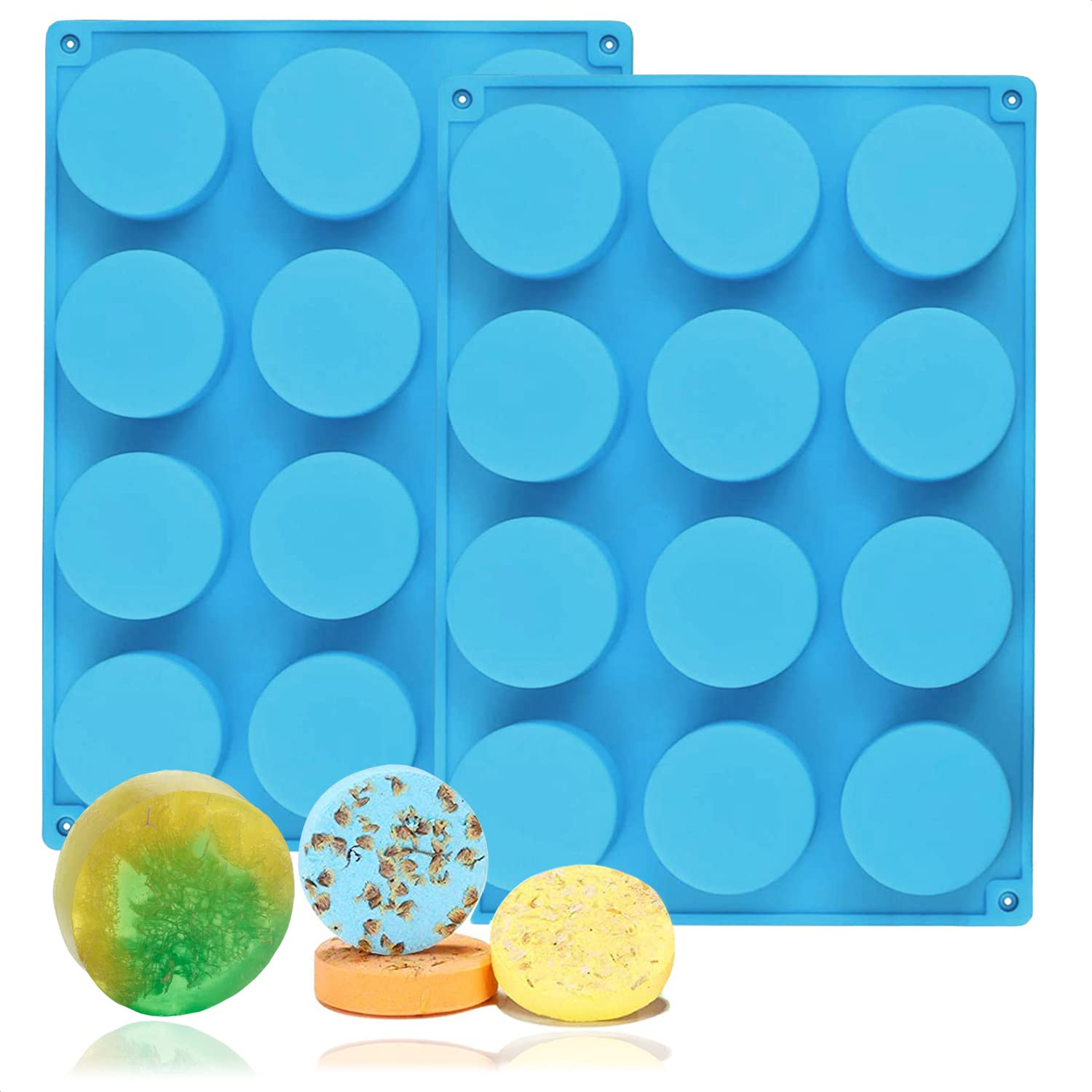 2Pcs Large Round Silicone Soap Molds for DIY Soap Making - 12 Cavity Reusable Bath Bomb, Beeswax, Chocolate & Candy Mold Kit - Perfect for Homemade Soap, Jello, and Craft Projects (Great for Gifts, Party Favors & Home Spa)