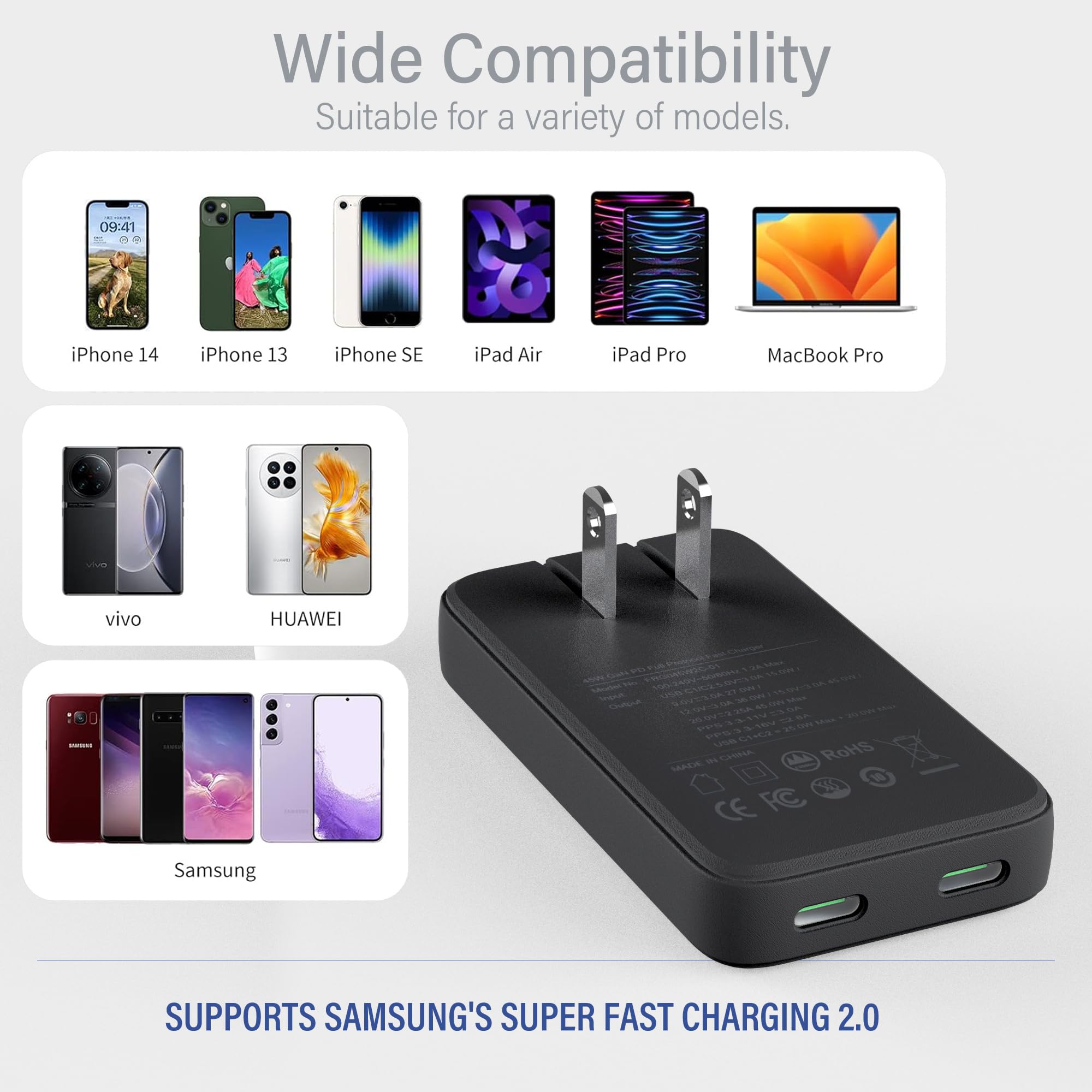 45W USB Wall Charger with PD 3.0 & GaN Technology - Dual USB C Fast Charging Plug for Laptops, Phones, Samsung Galaxy - Compact Folding Design for Travel | Perfect for Home, Office & On-the-Go Charging