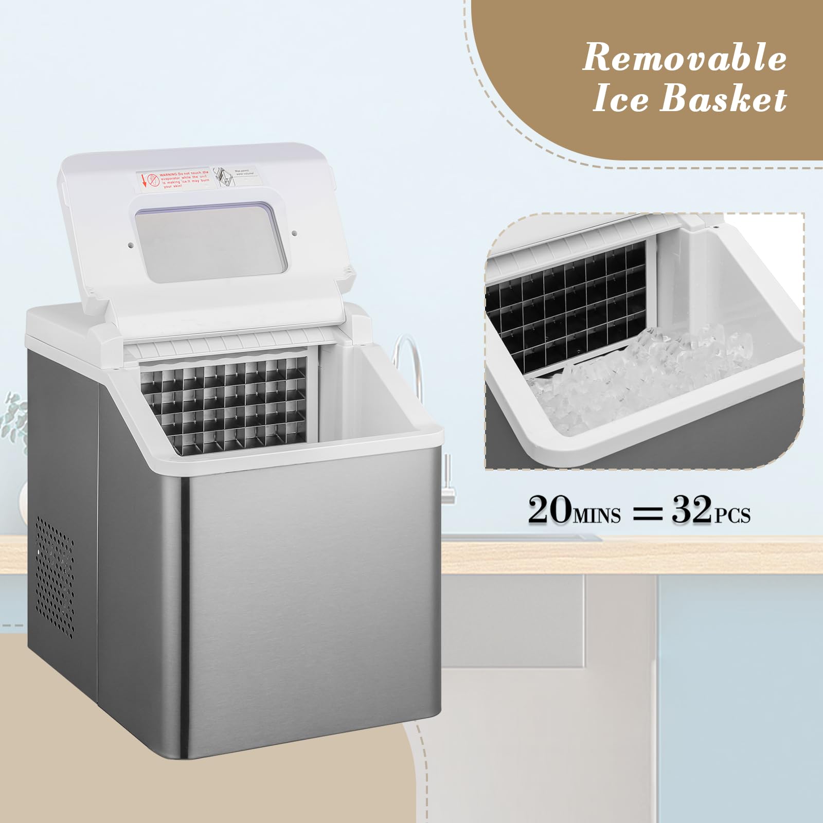 Portable Countertop Ice Maker - 32 Cubes in 20 Minutes, 33lbs Daily Output, Self-Cleaning with Ice Basket & Scoop - Compact Mini Ice Machine for Home, Kitchen, Office, Party, RV & Outdoor Camping - White