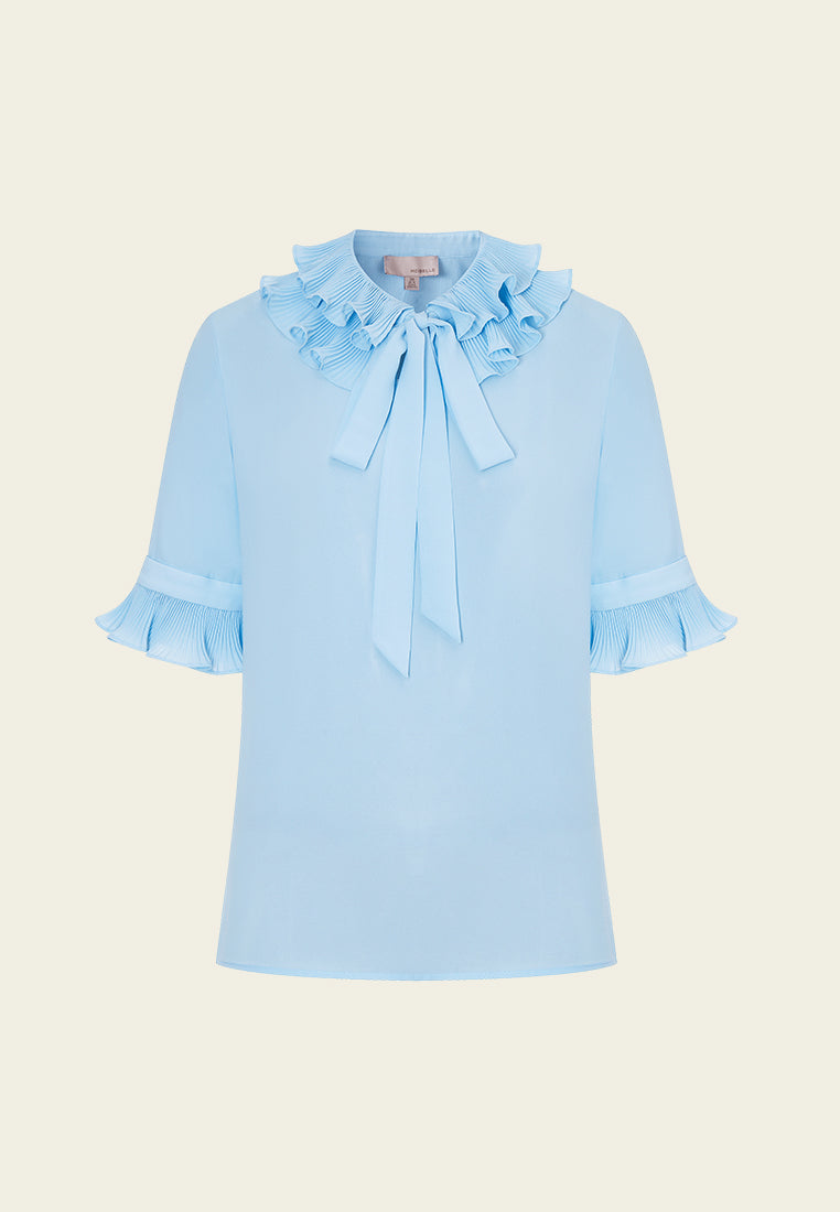 Elegant Blue Ruffled Pussy Bow Blouse for Women - Vintage Inspired Office Wear & Special Occasion Outfit