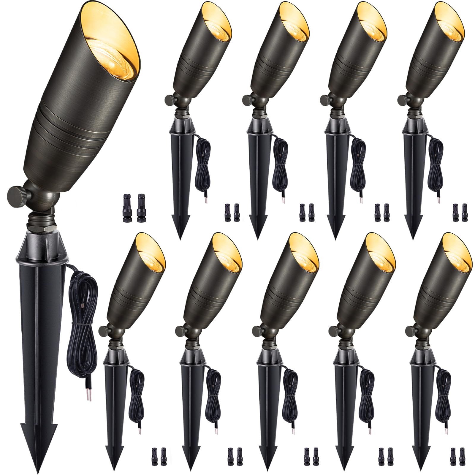 12V Low Voltage LED Spotlight - Weatherproof Outdoor Landscape Lighting, Brass Bullet Fixture, Hardwired Coastal Bronze for Flag Signs & Garden Paths (10 Pack, No Bulbs Included) - Perfect for Patio, Yard & Driveway Lighting