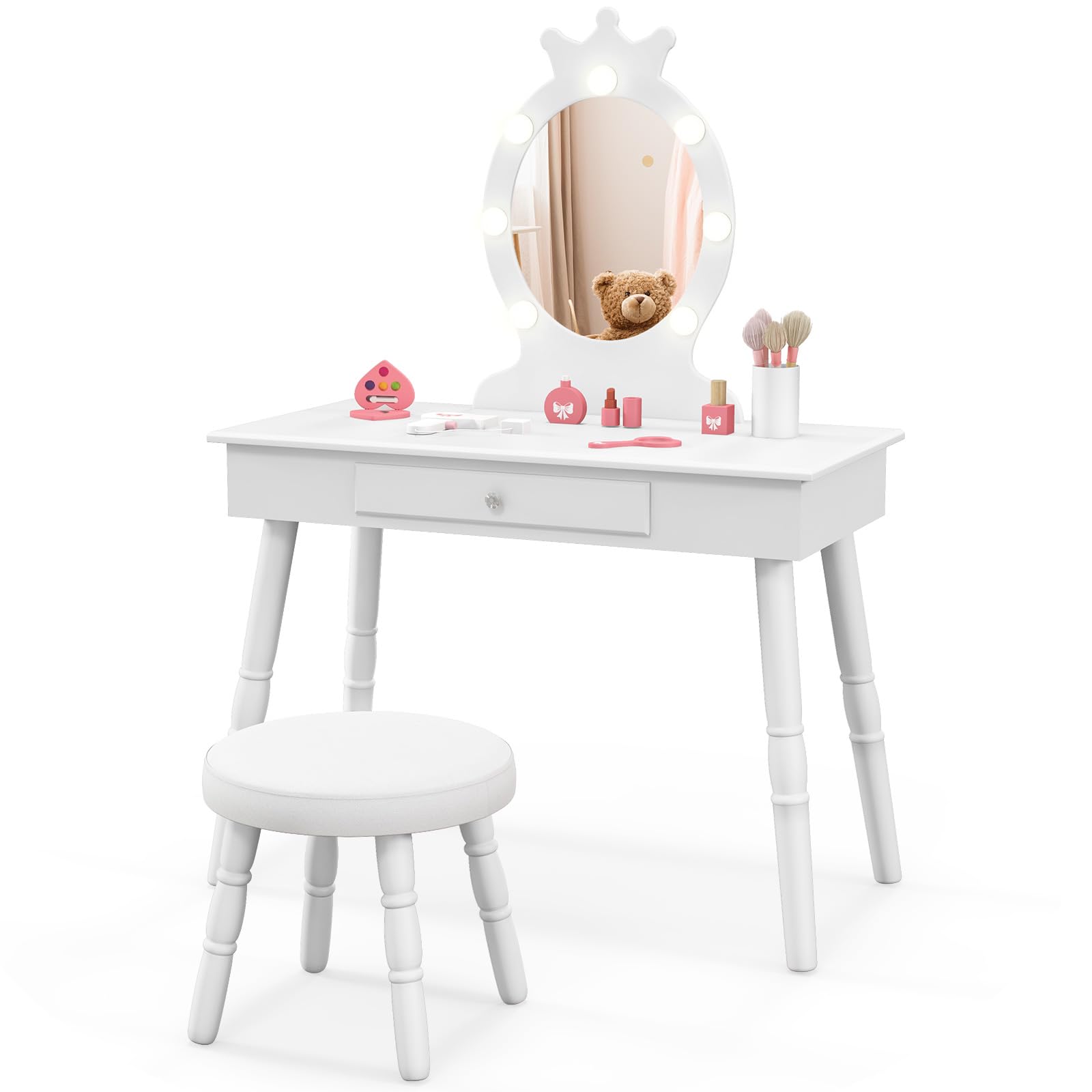 HONEY JOY Princess Wooden Makeup Vanity Set with LED Lights & Stool - Kids Dressing Table with Drawer, 3-Color Lighting, Pretend Play Furniture for Little Girls - Perfect for Bedroom Decor & Birthday Gifts (White)