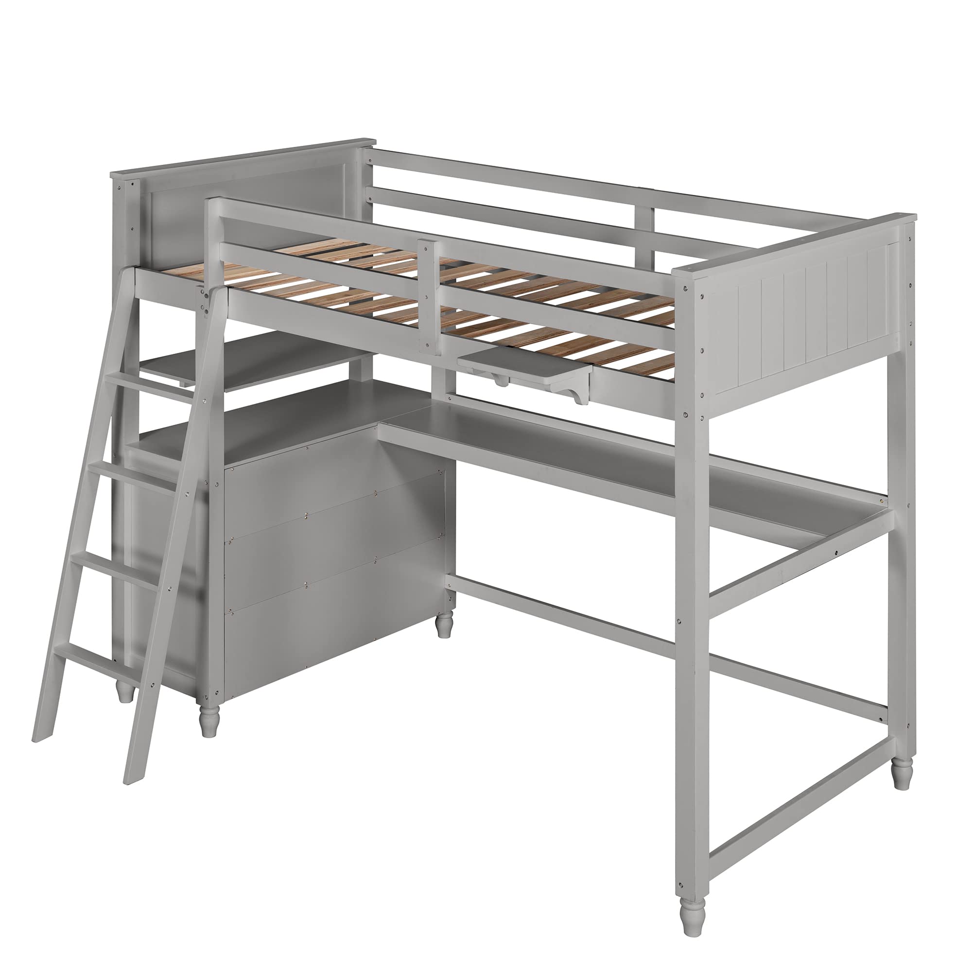 **Solid Wood Twin Loft Bed with Desk for Kids - Sturdy Loft Bed Frame with 3 Drawers & 3 Storage Shelves, Multi-Functional Study & Sleep Space with Ladder & Guardrails (Gray) - Perfect for Small Bedrooms, Dorms & Kids' Rooms**