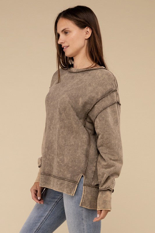 Acid Wash French Terry Exposed Seam Sweatshirt | Vintage Distressed Pullover | Casual Streetwear for Men & Women | Perfect for Fall Layering and Urban Fashion