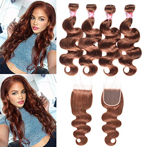 XCCOCO 100% Peruvian Virgin Human Hair Bundles with Lace Closure - 4 Bundles Body Wave 30# Light Brown (12