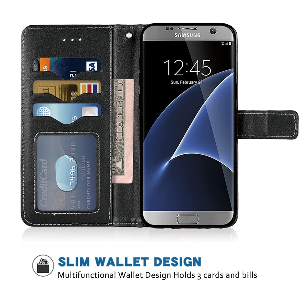Samsung Galaxy S7 Edge Wallet Case with Wrist Strap - Leather Flip Cover Card Holder & Stand - Compatible with Galaxy S7 Edge/S7 Plus/GS7 (Black) - Perfect for Work, Travel & Everyday Protection