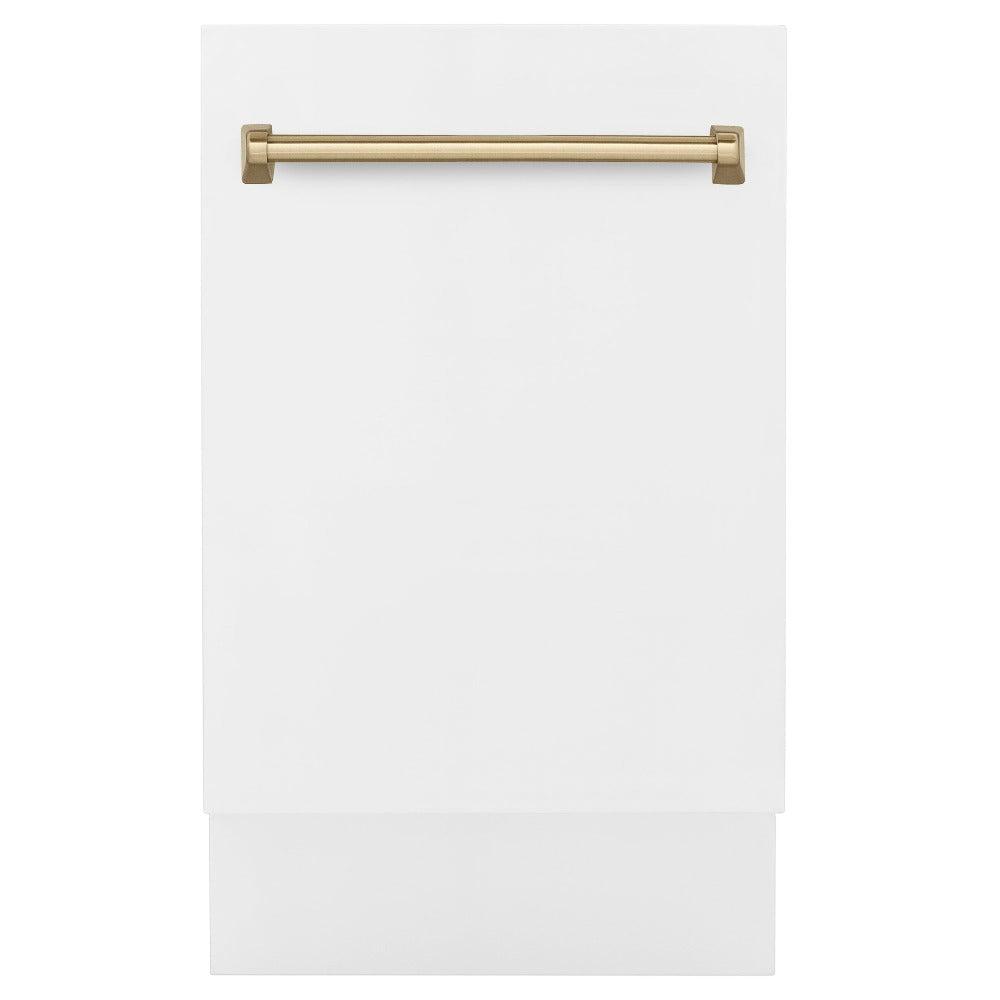ZLINE Autograph Edition 18-Inch Compact Dishwasher with 3rd Rack - White Matte Finish & Champagne Bronze Handle, Ultra Quiet 51dBa (DWVZ WM 18 CB) - Perfect for Small Kitchens, Apartments, and RVs