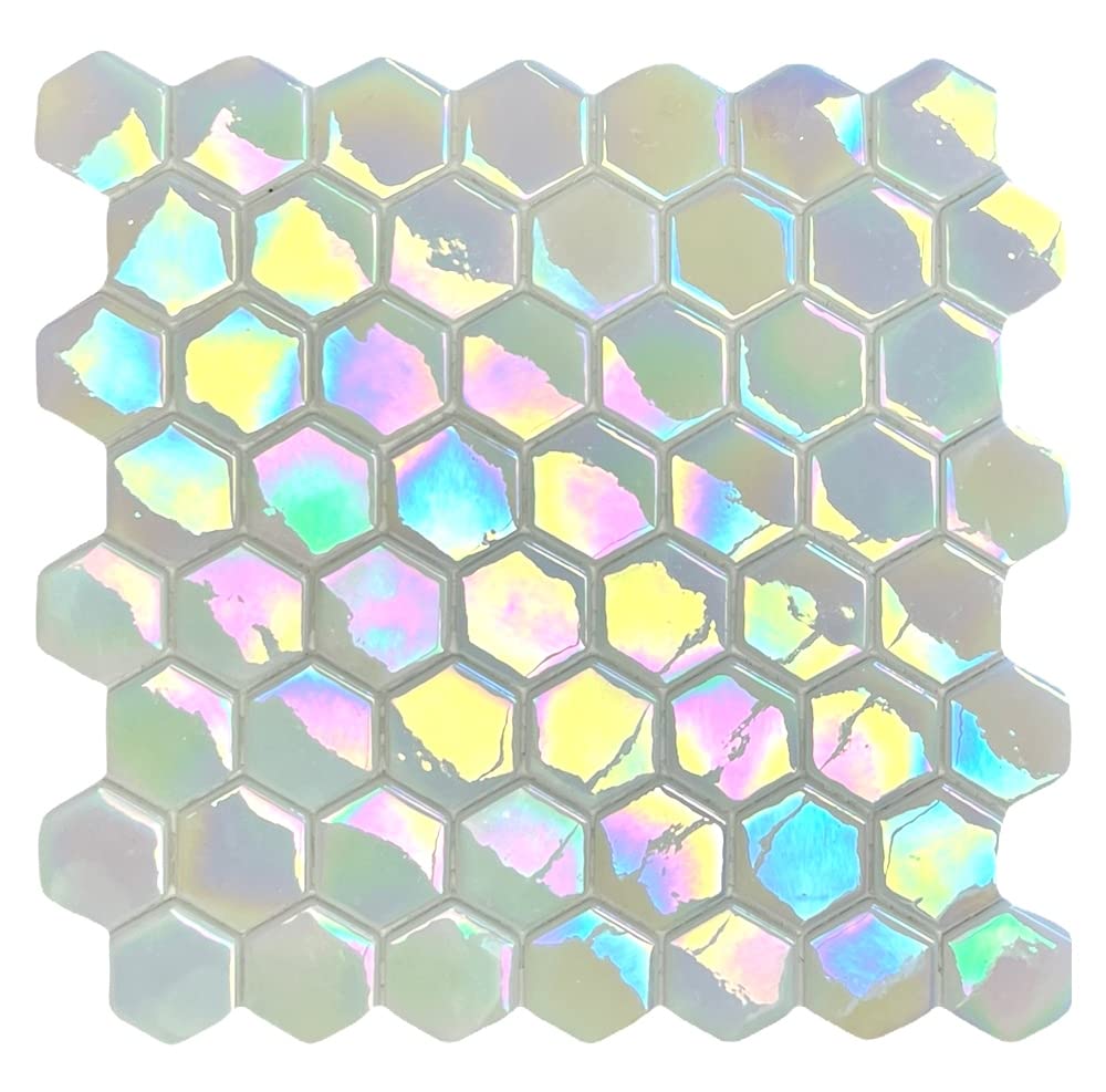 1.5 Inch Hexagon Iridescent Recycled Glass Mosaic Tile - Eco-Friendly Floor & Wall Tile for Pool, Kitchen Backsplash, Bathroom, Accent Wall - Non-Peel & Stick (10 Pack) | Perfect for Modern Home Decor, Spa Renovations & DIY Projects