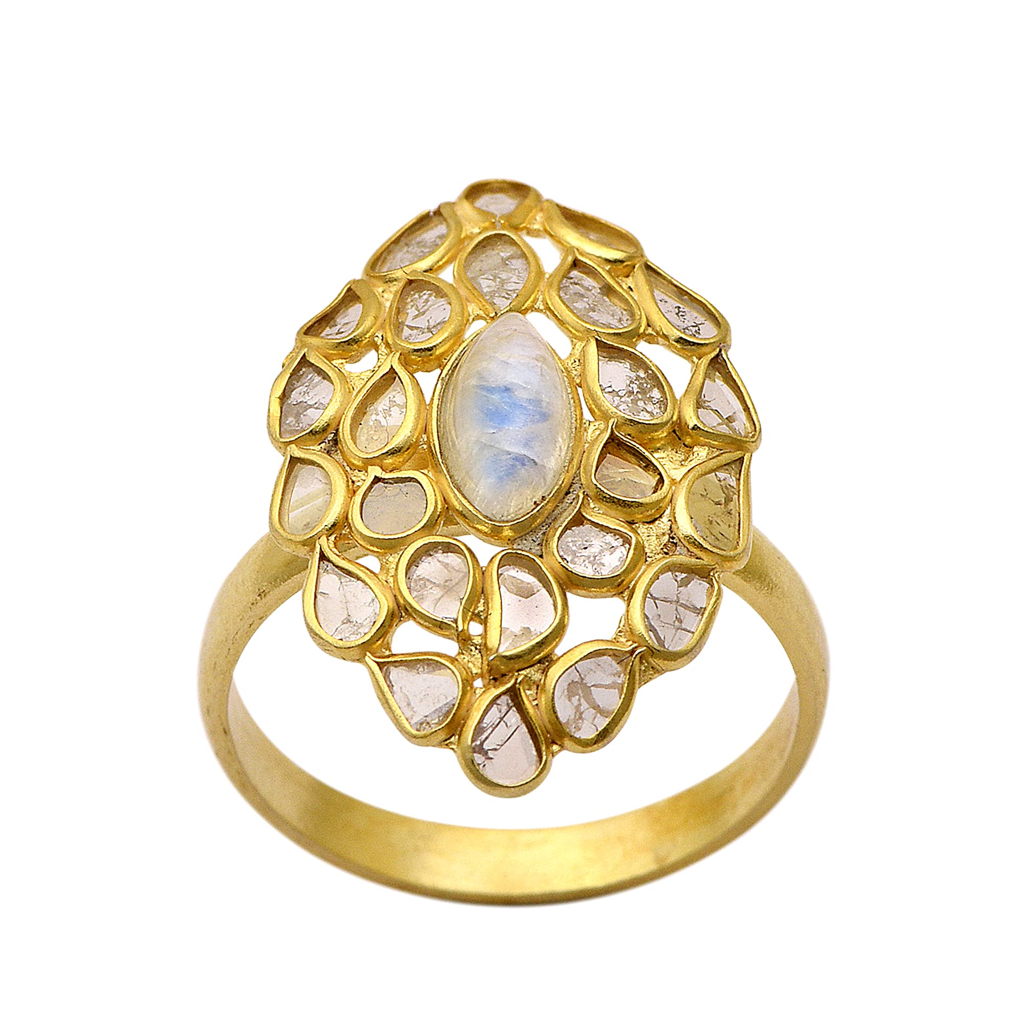 14K Gold Plated Diamond Polki Ring with Rainbow Moonstone Center - Handmade 925 Silver Rose Cut Diamond Ring for Women | Elegant Jewelry Gift for Thanksgiving, Anniversary, Wedding & Special Occasions