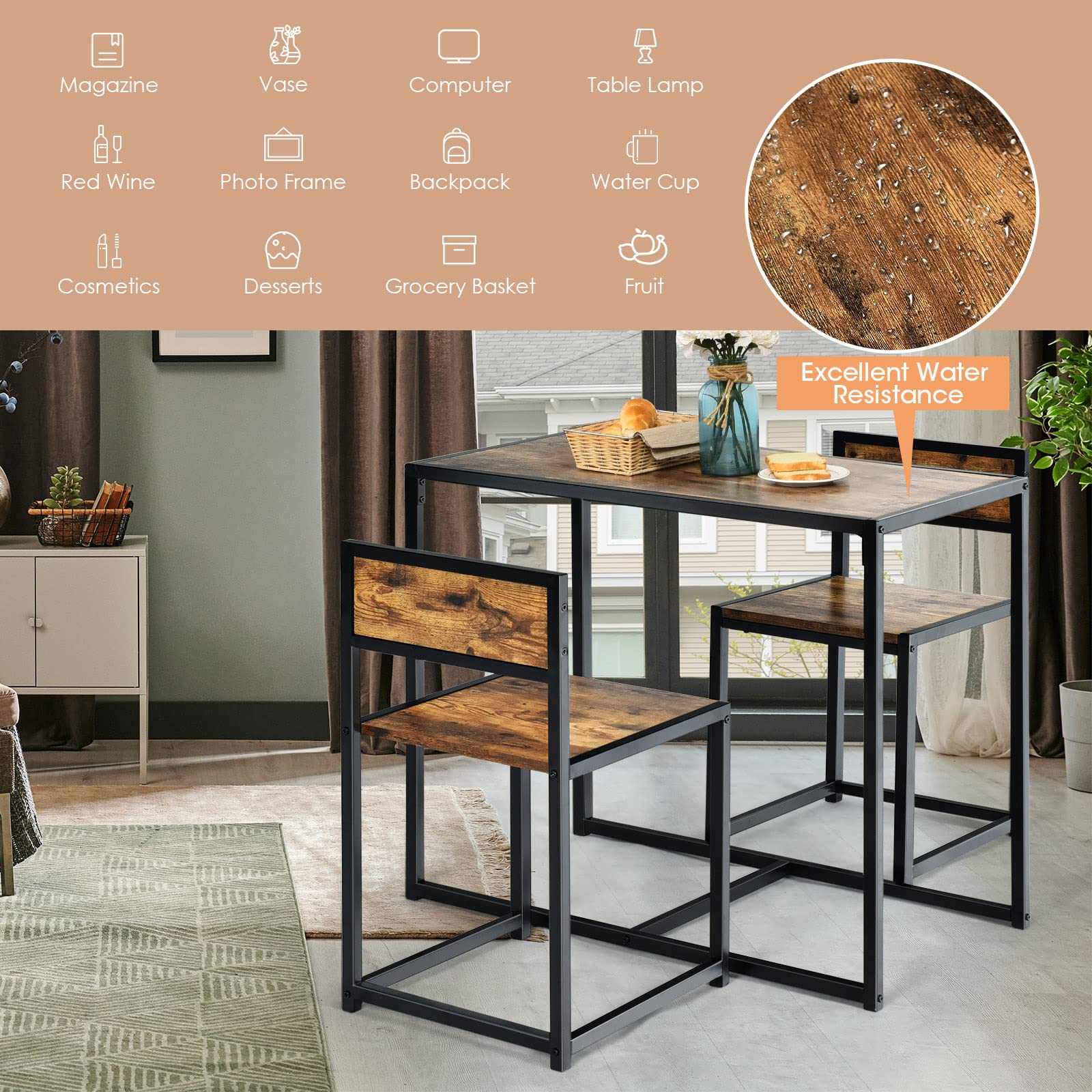 COSTWAY 3-Piece Kitchen Table Set with 2 Chairs | Space-Saving Metal Frame Dining Table for Small Spaces | Perfect for Kitchen, Living Room, Cafe & Bar | Antique Style Home Decor | Ideal for Breakfast Nooks & Apartment Dining
