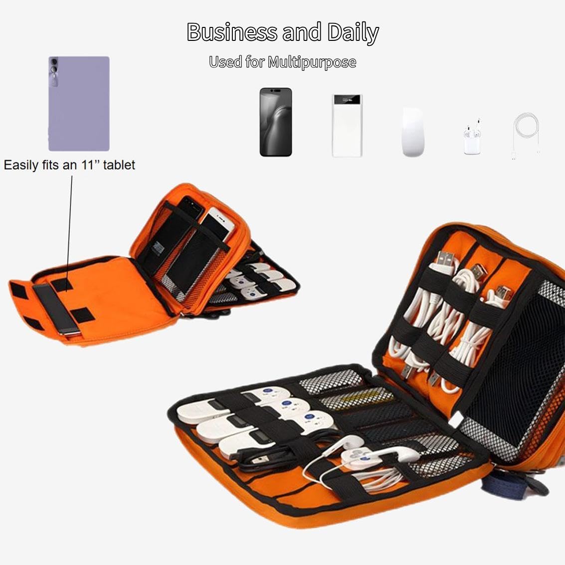 Universal Double Layer Travel Electronics Organizer Case - Portable Cable Management Bag with Carrying Strap for Phone Chargers & Accessories (Grey/Orange) - Perfect for Business Trips, Vacations & Daily Commute