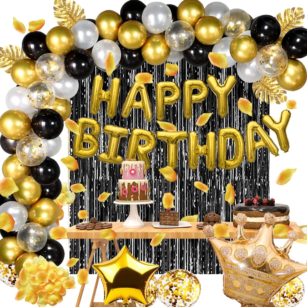 Black Gold Party Decorations Set - Confetti, Latex Balloons & Gold Curtain for Baby Shower, Wedding, Birthday, Graduation, Anniversary & Bachelorette Party - Elegant Celebration Decor for Home & Event Venues