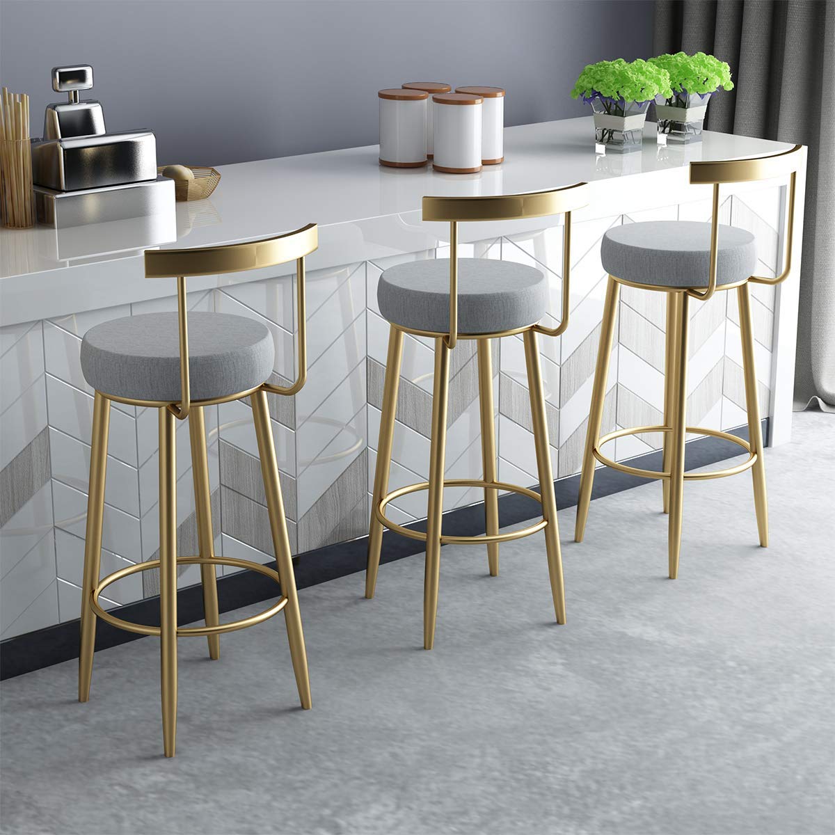 Grey Velvet Upholstered Bar Stools - Armless Kitchen Counter Stools with Back Support, 25.6 Inch Extra Height Round Island Stool with Gold Metal Legs for Modern Dining & Kitchen Decor