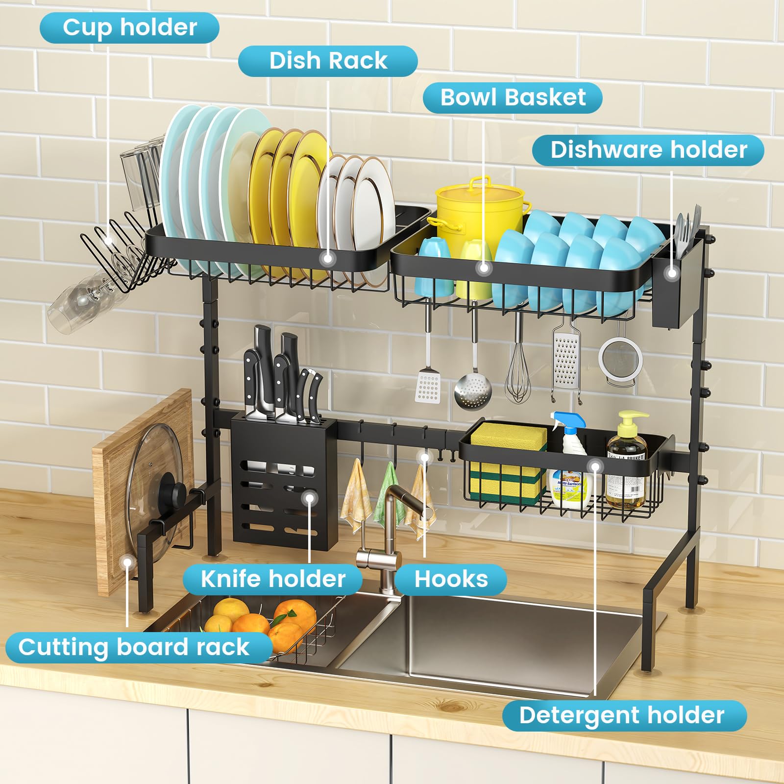 MERRYBOX 2-Tier Adjustable Stainless Steel Over The Sink Dish Drying Rack (25.6-33.5in) with Cutting Board Holder - Space Saving Kitchen Counter Organizer for Dishes, Utensils & Cookware - Perfect for Small Kitchens, Apartments & RV Use