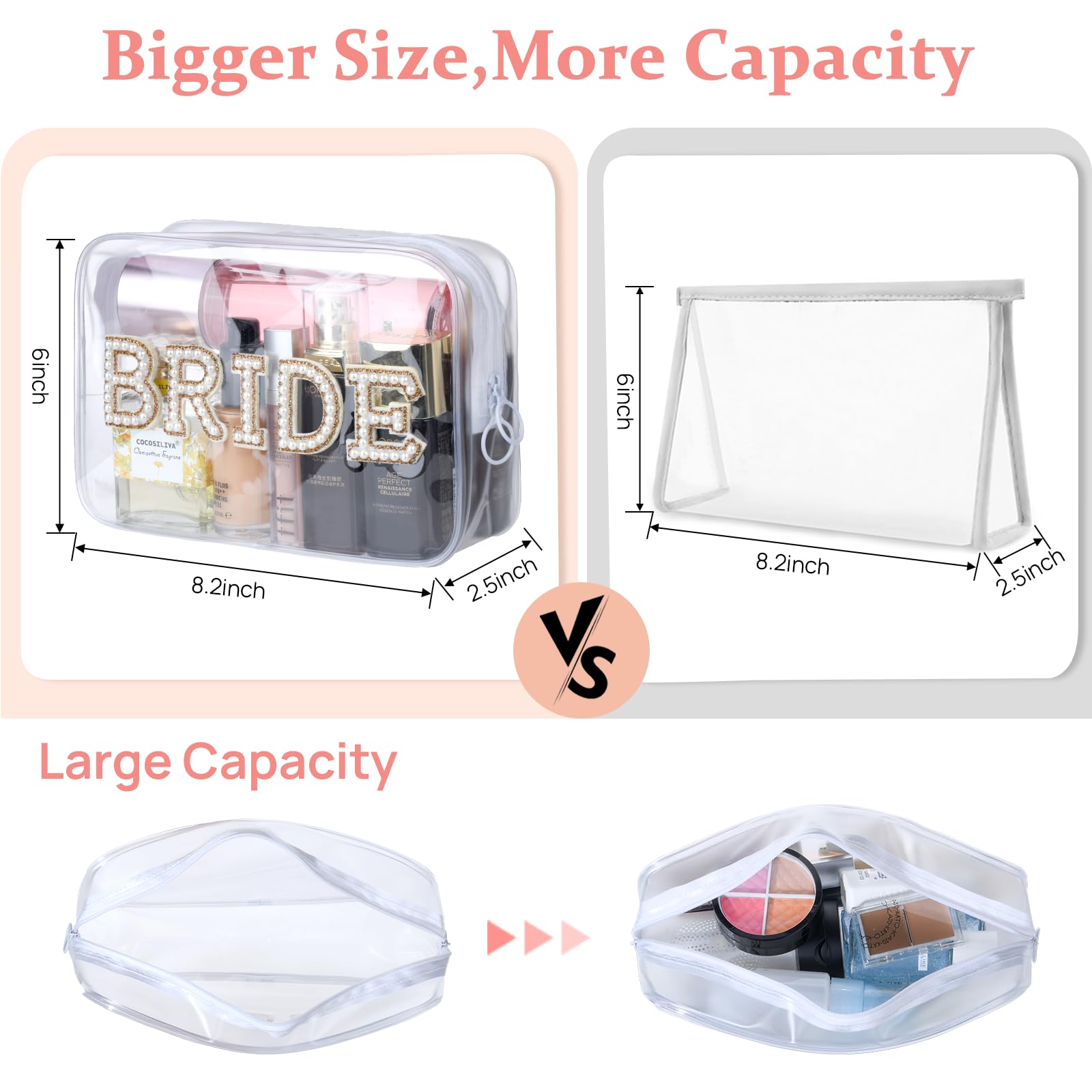Etercycle Clear Makeup Bag with Bling Pearl Rhinestone Letter Patches - Waterproof PVC Travel Cosmetic Organizer for Women | Perfect for Bridal Showers, Engagement Gifts, Bachelorette Parties & Wedding Events (Gold)