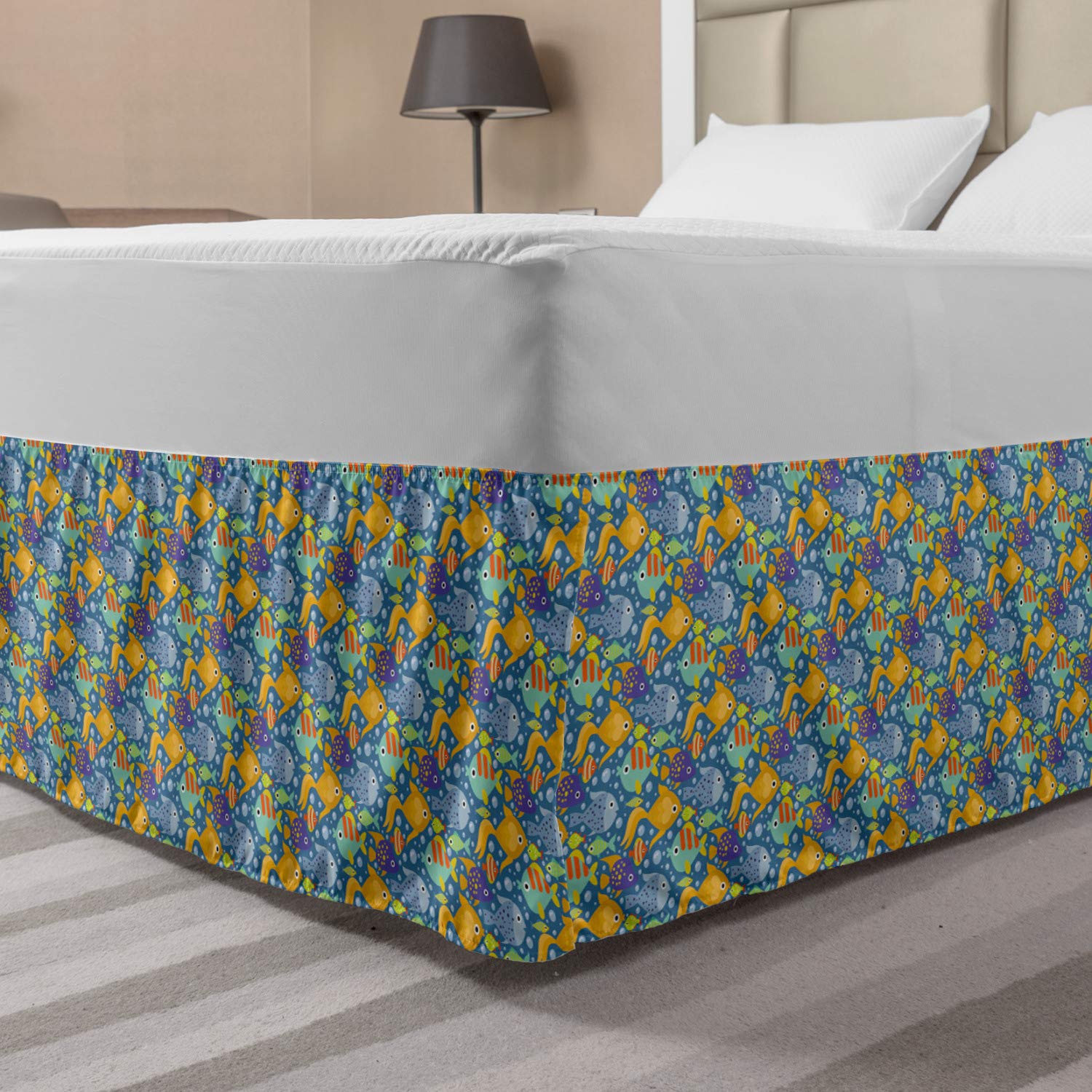 Ambesonne Aquarium Bedskirt - Hand-Painted Colorful Fish & Bubbles Design, Elastic Wrap Around Bed Skirt for King Size Beds, Slate Blue & Multicolor - Perfect for Coastal, Nautical or Underwater Themed Bedroom Decor
