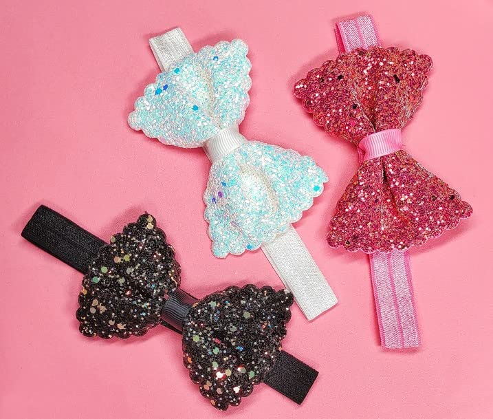 RedChimes Glitter Bow Hair Bands for Baby Girls & Kids – Stylish Hair Accessories (3-Pack, Style-8) – Perfect for Parties, Holidays & Everyday Wear