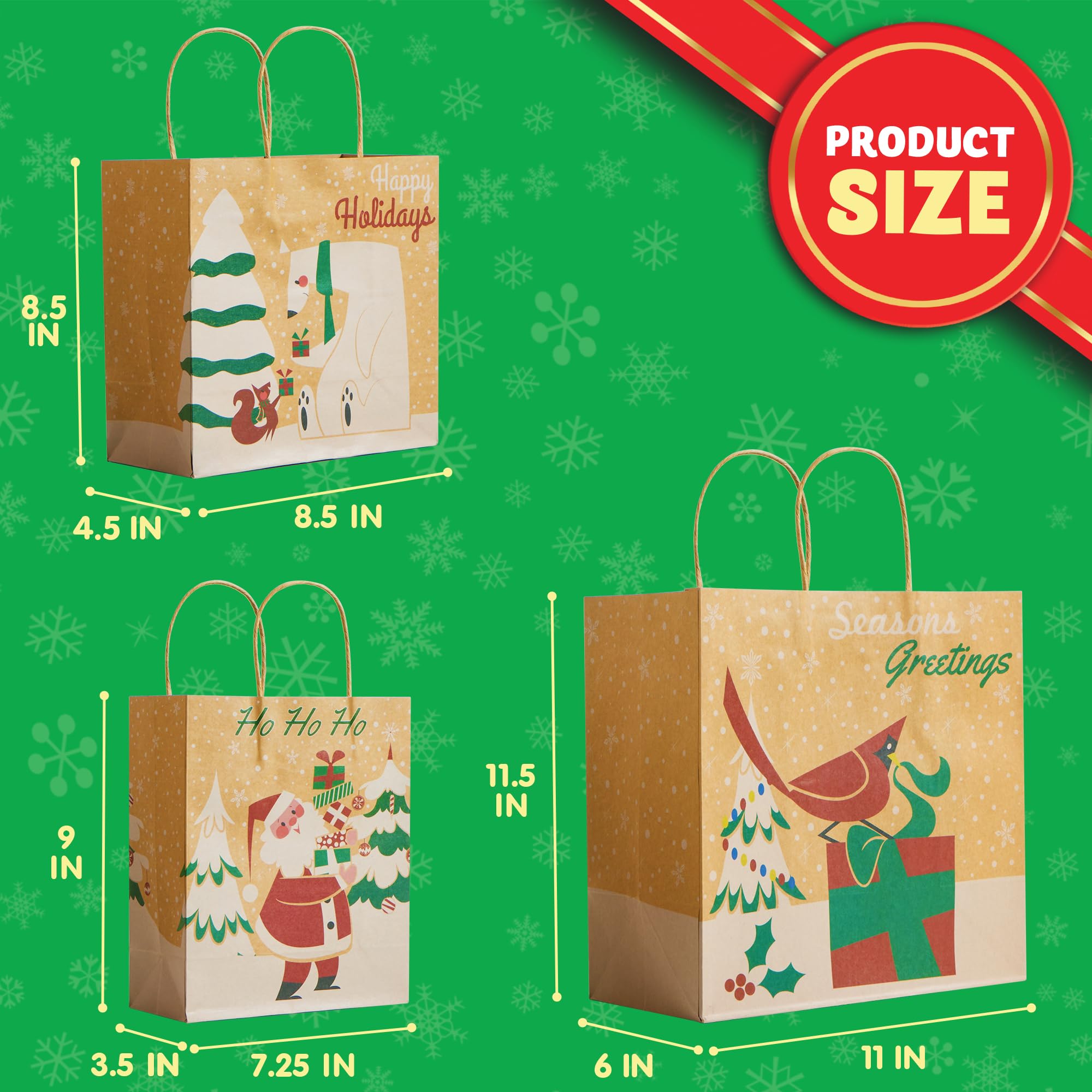 JOYIN 24-Piece Christmas Kraft Gift Bags Set - Assorted Holiday Designs for Wrapping Presents (Classic Style, Tissue Paper Not Included) - Perfect for Christmas Party Favors, Stocking Stuffers & Holiday Gift Giving