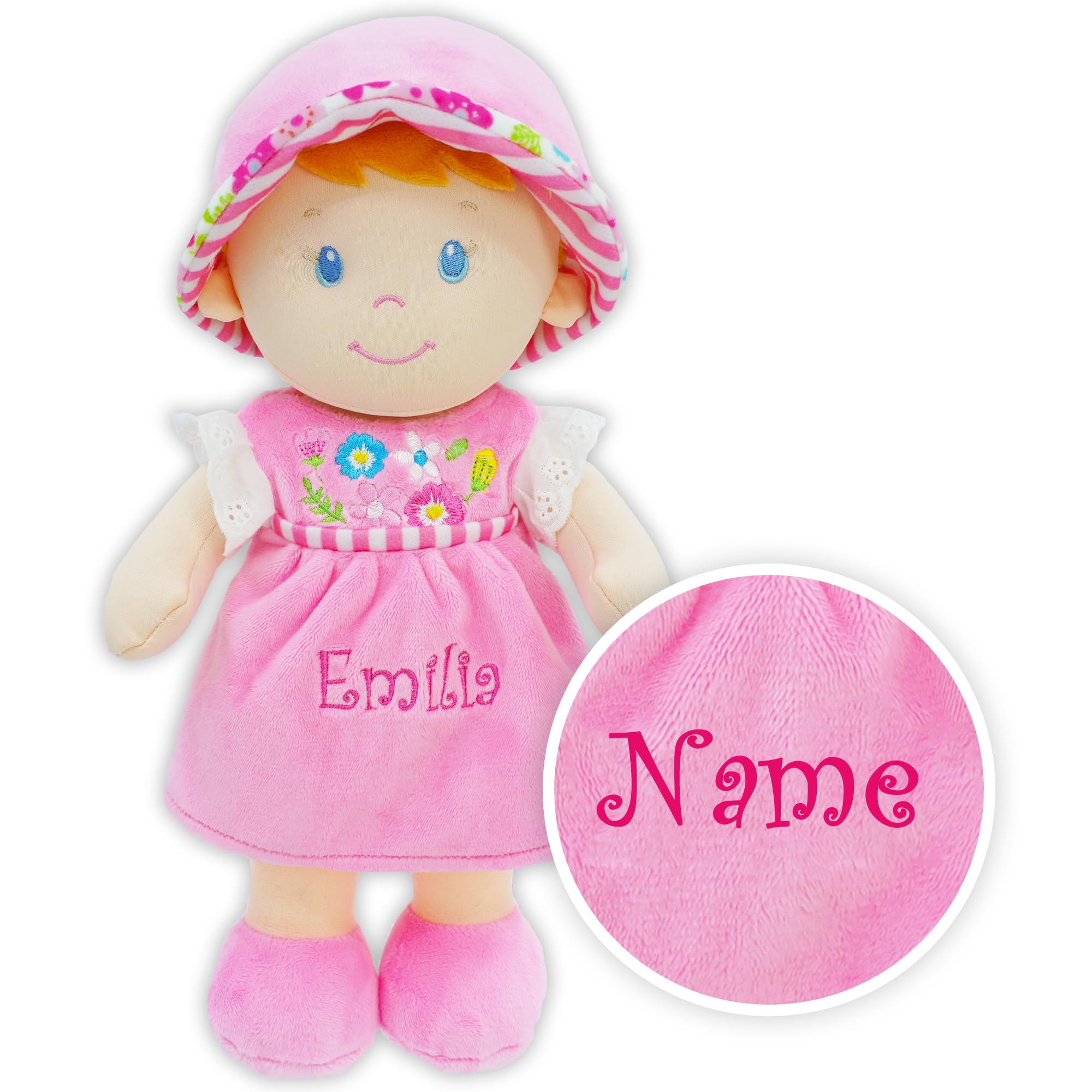 June Garden Personalized Soft Dolly Emilia - Custom Name Stuffed Baby Doll for Newborns & Toddlers with Pink Dress | Perfect Gift for Birthdays, Christenings & Nursery Decor