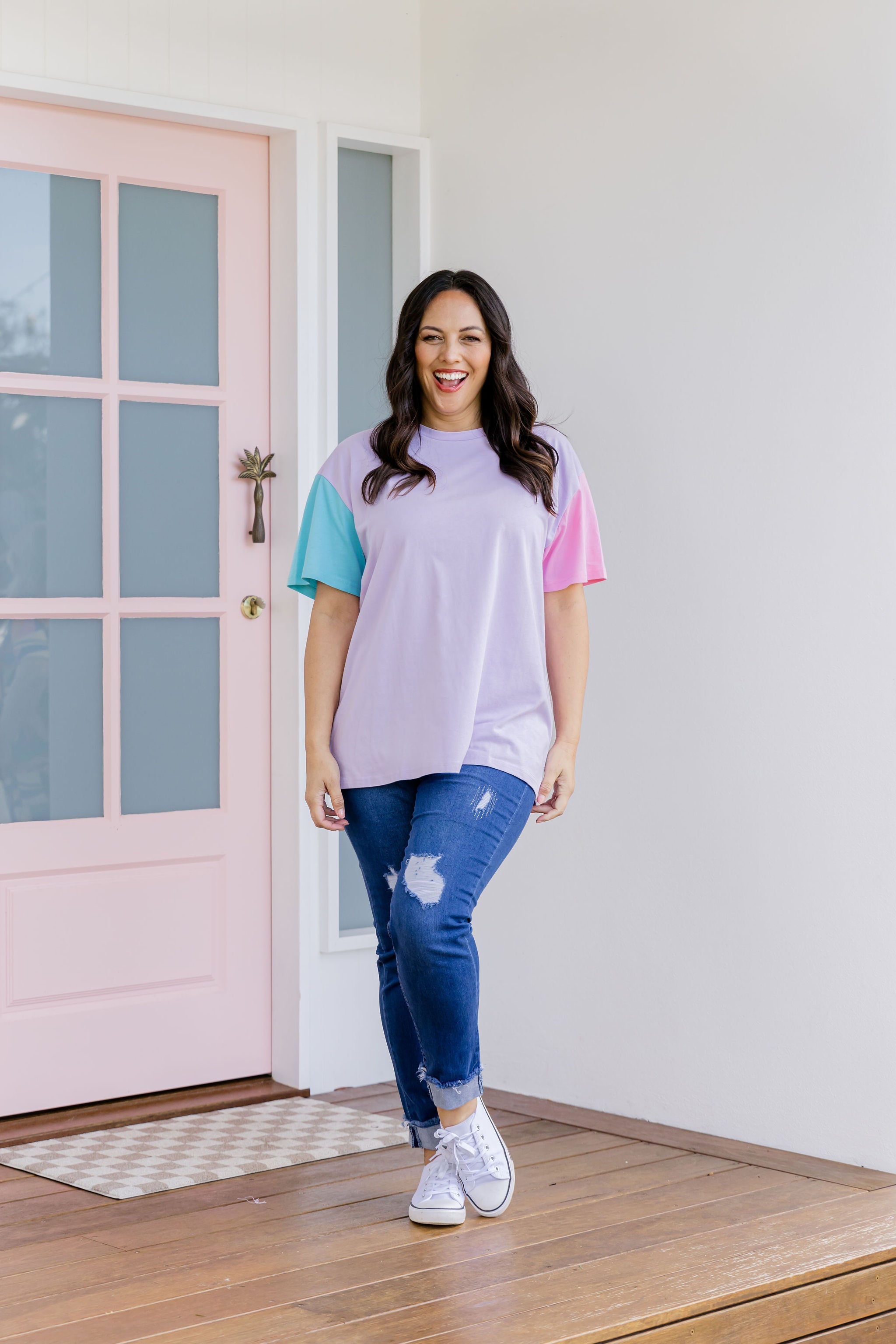 Ella Blocked T-Shirt in Purple | Trendy Women's Casual Tee for Everyday Wear | Perfect for Outings, Shopping & Relaxing