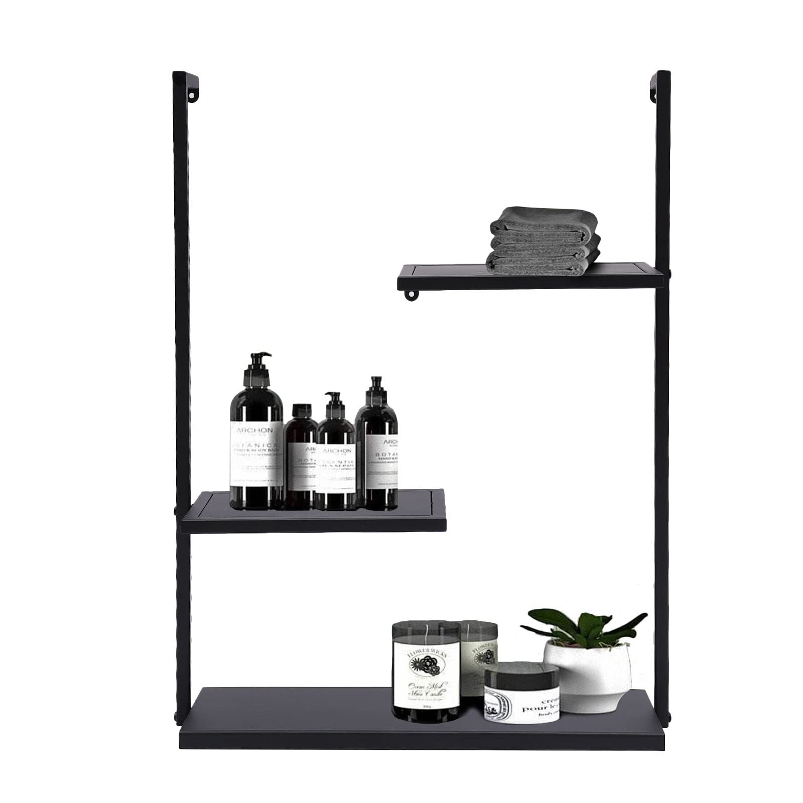 3-Tier Black Metal Floating Shelves - DIY Wall Mounted Open Bookshelf with Frame for Bedroom, Living Room, Bathroom, Kitchen & Office | Space-Saving Storage Solution for Books, Decor & Essentials