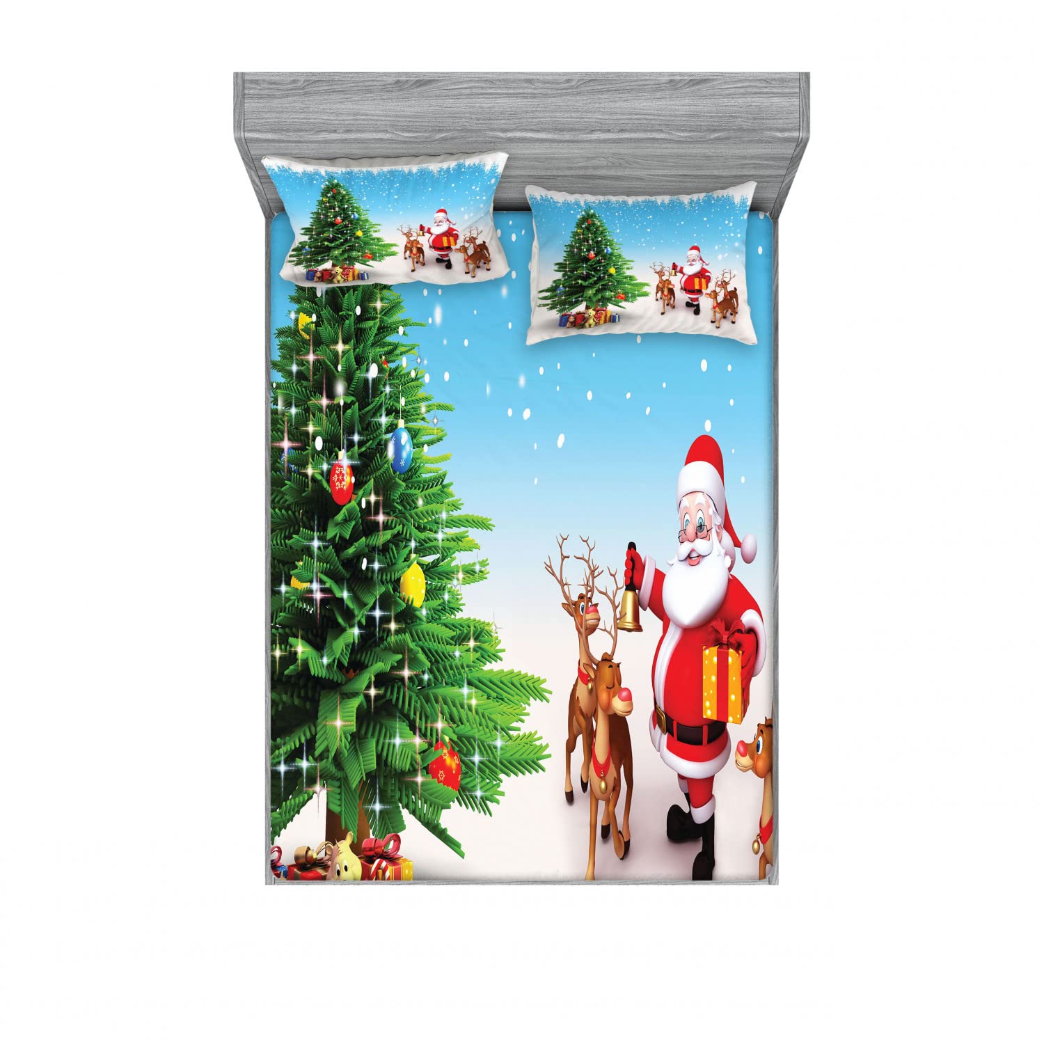 Ambesonne Santa 2-Pack King Size Fitted Sheet Set with 4 Pillow Shams - Jingle Bells Christmas Tree Design Holiday Bedding Collection | Perfect for Christmas Decor, Guest Rooms & Festive Home Styling