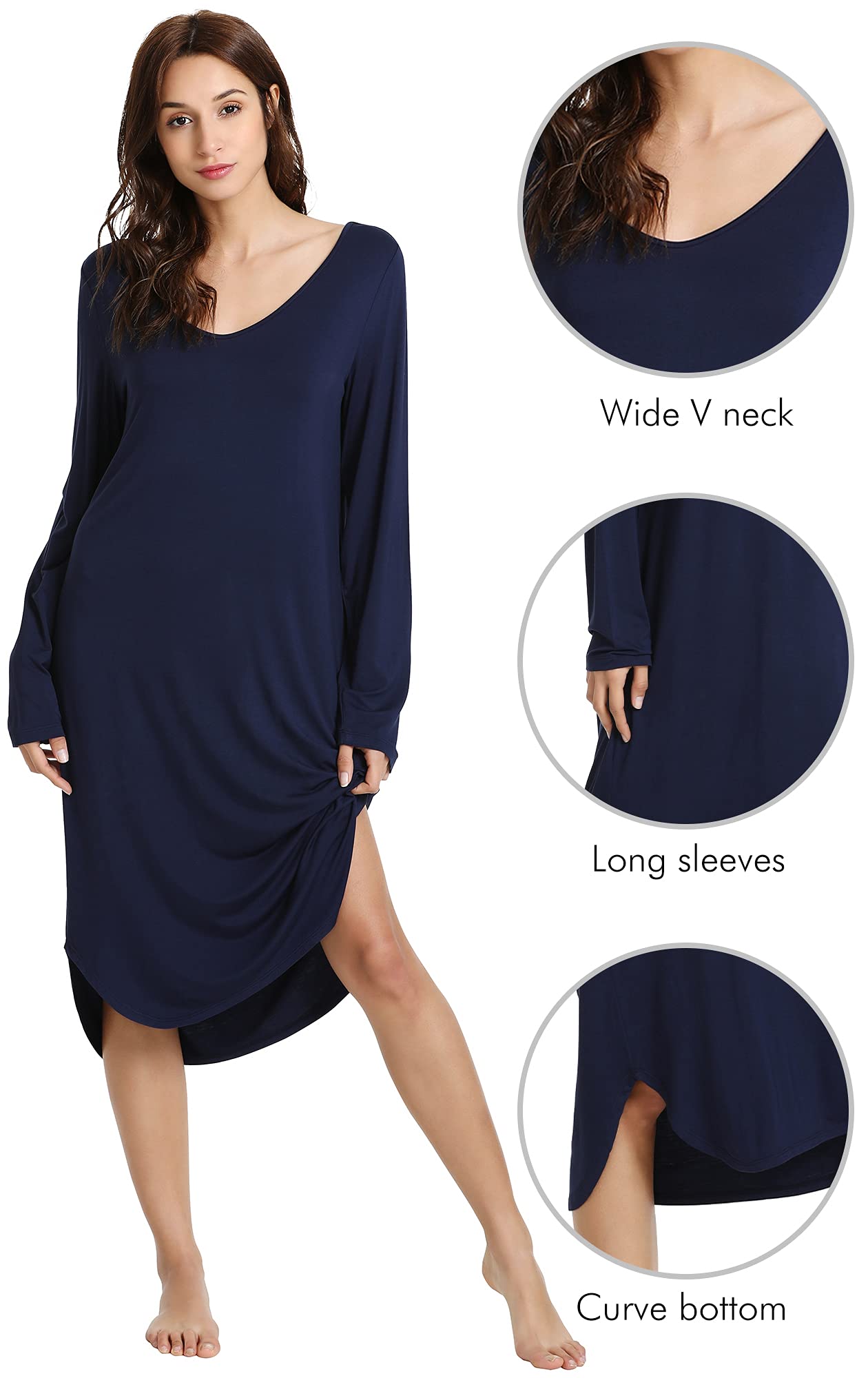 WiWi Bamboo Nightgowns for Women - Soft Long Sleeve Sleep Shirt, Comfy Loungewear & Sleepwear - Plus Size S-4X - Perfect for Relaxing at Home, Lounging & Overnight Stays
