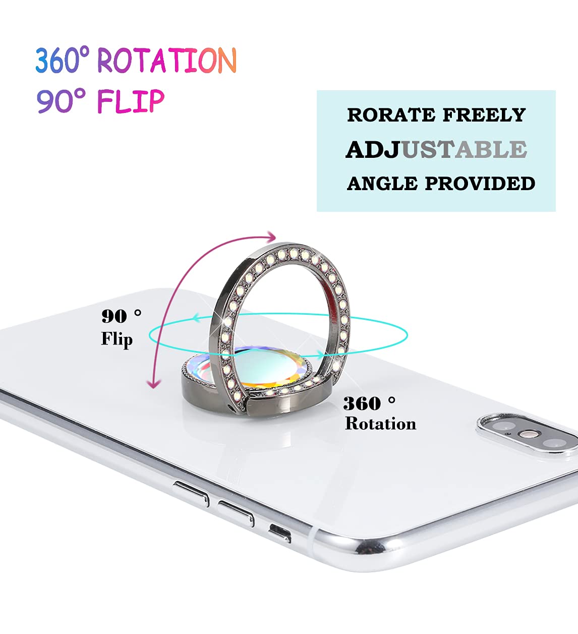 Sparkly Glitter Phone Ring Holder with Flat Rhinestones - Bling Bling Phone Grip Stand for iPhone, Samsung & Smartphones - Perfect for Selfies, Videos & Secure Grip (Black)