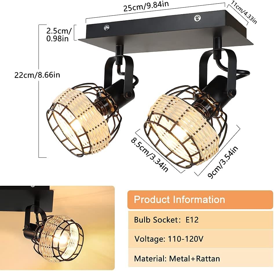 Depuley LED Ceiling Light - 2-Way Rotatable Spotlight, Industrial Swivel Kitchen Light with Black Metal Cage & Rattan Shade for Living Room, Dining Room, Bedroom | Modern Rustic Lighting for Home, Cafe, Restaurant Decor