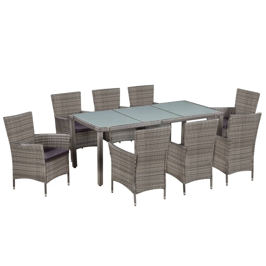 vidaXL 9-Piece Patio Dining Set with Glass Tabletop, Rattan Chairs with Cushions & Steel Legs - Gray Poly Rattan Outdoor Furniture for Garden, Backyard, and Poolside Dining