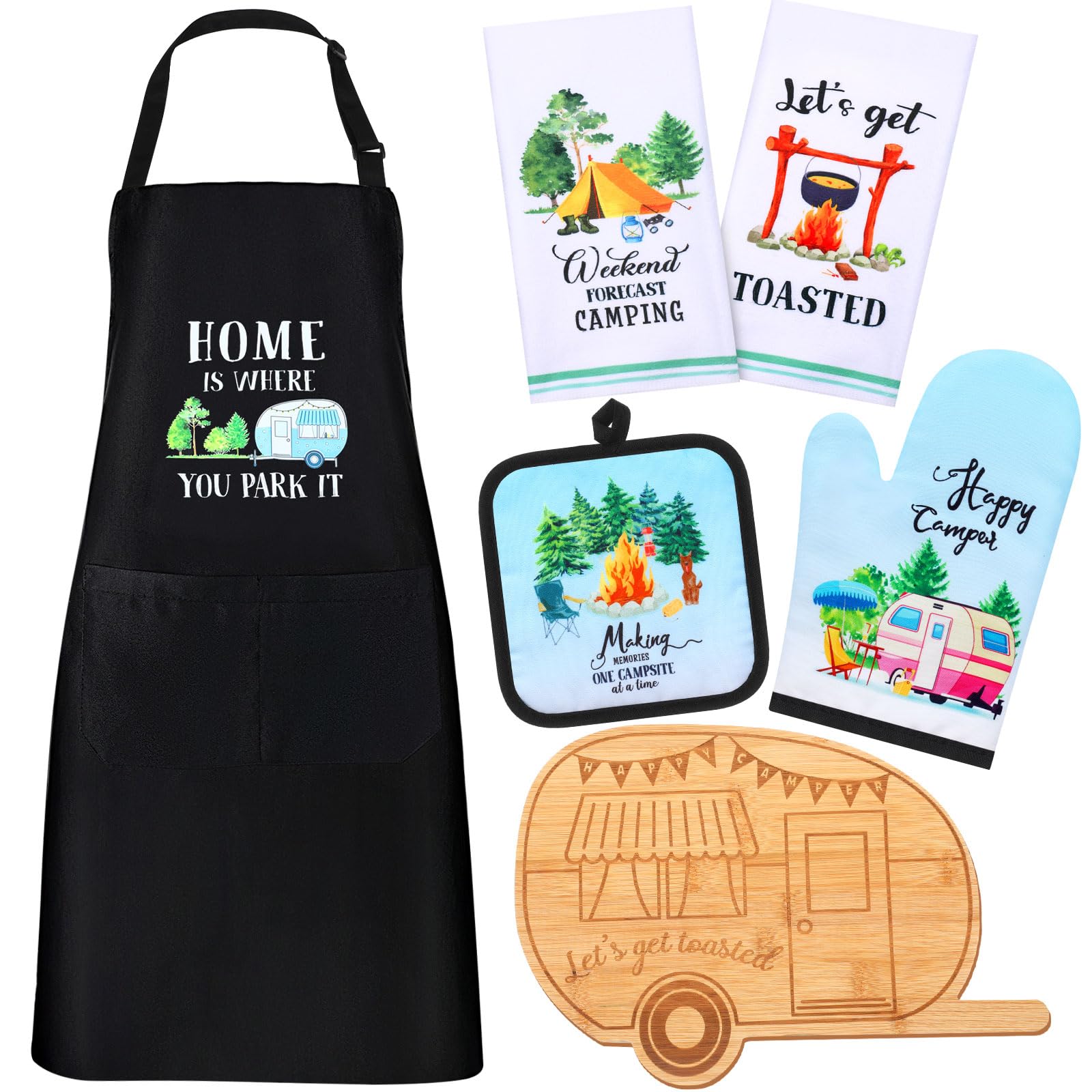 Suhine 7-Piece Camping Gift Set with 2 Kitchen Towels, Bamboo Cutting Board, Apron, Oven Mitt & 2 Pot Holders - Perfect for RV, Outdoor Cooking & Camper Kitchen Decor