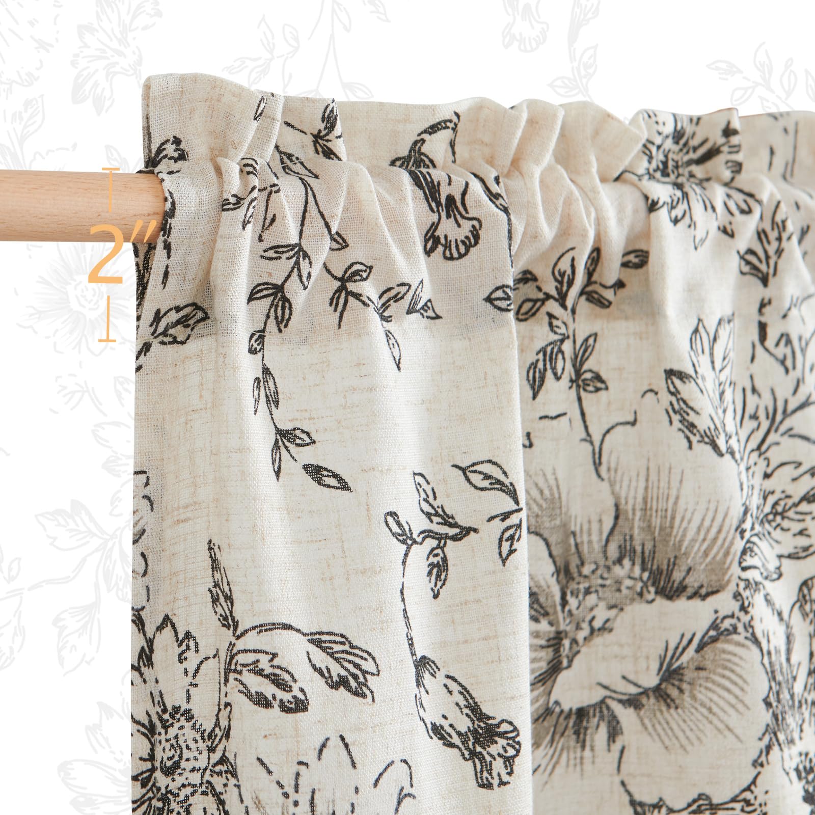Jinchan Floral Kitchen Curtains Set - Linen Tier Curtains & Valance Farmhouse Drapes for Small Windows (36 Inch Length) - Rod Pocket 3-Piece Set in Black on Beige - Perfect for Cafe, Living Room & Bathroom Decor
