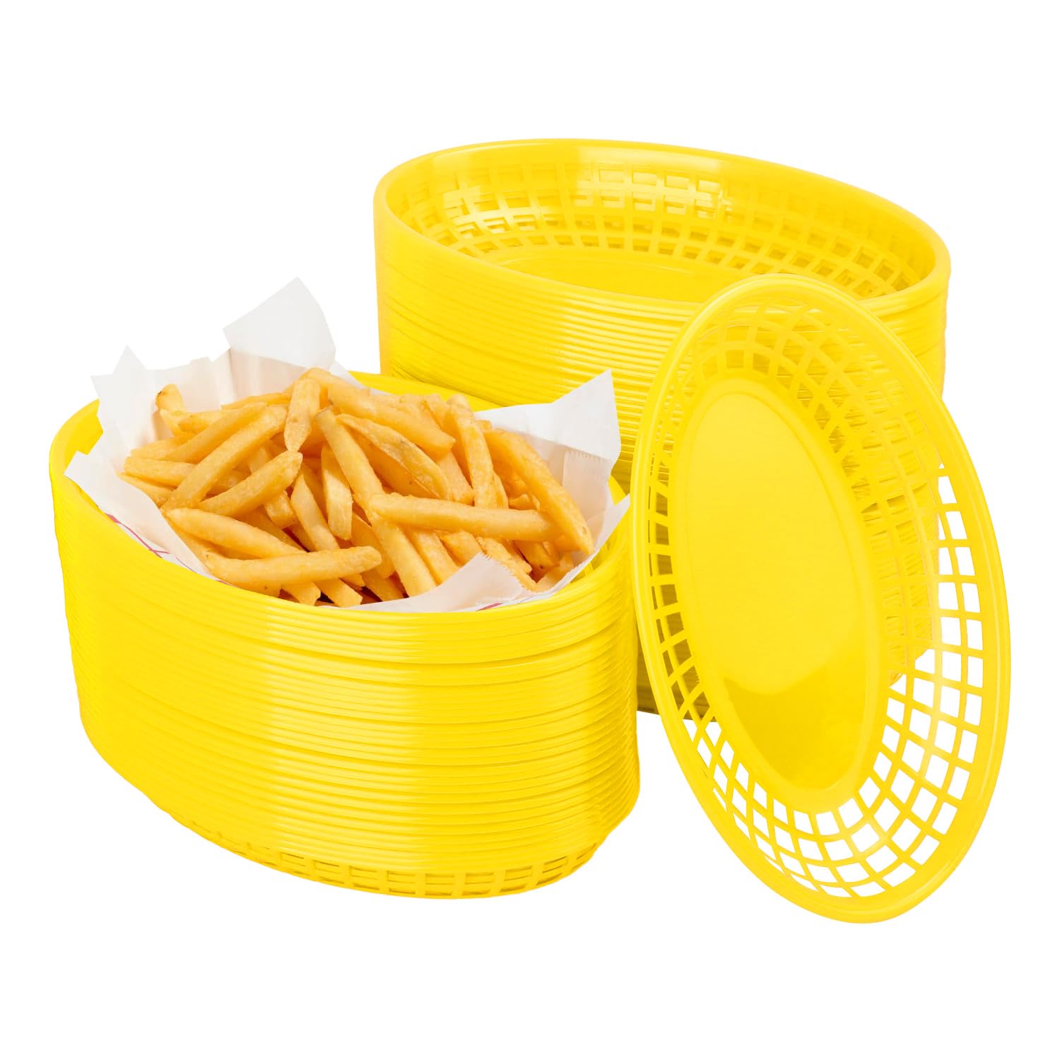 80 Pcs 9x5.7 Inch Reusable Plastic Fast Food Baskets - Heavy Duty Oval Serving Trays for Restaurants, Parties, Picnics, BBQs & Snacks | Durable & Eco-Friendly Food Containers for Commercial & Home Use (Yellow) by KUKLIPJIM