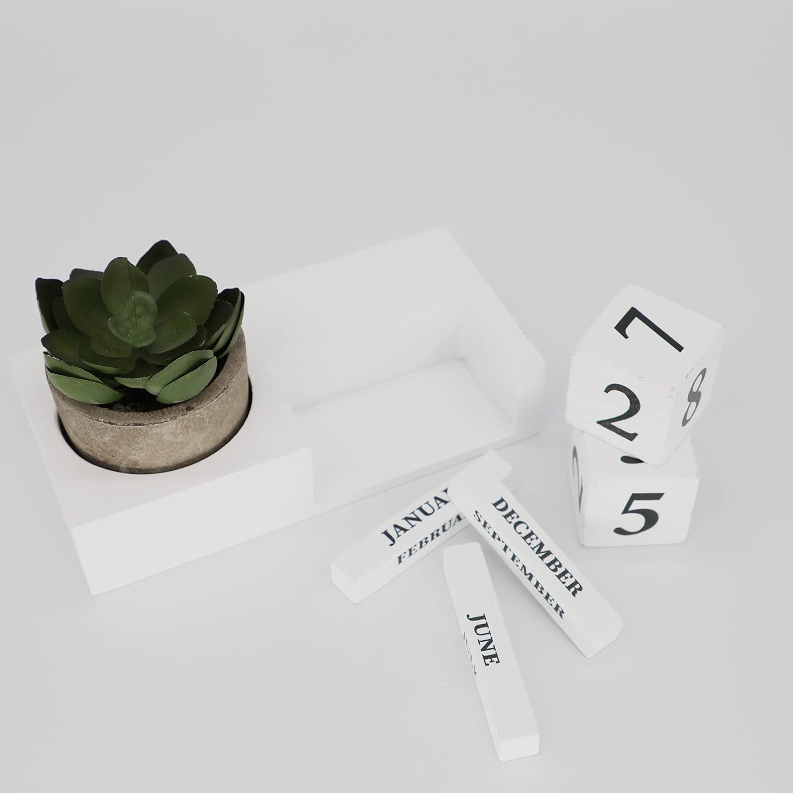 Wooden Perpetual Calendar Blocks - Stylish Office & Home Desk Decor with Artificial Plants - Perfect for Women's Workspace, Gift Ideas & Productivity Organization