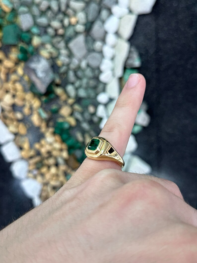 1.48ct 18K Gold Intense Double Bezel Dark Green Emerald Solitaire Ring - Luxury Unisex Asscher Cut Jewelry for Engagement, Anniversary & Special Occasions