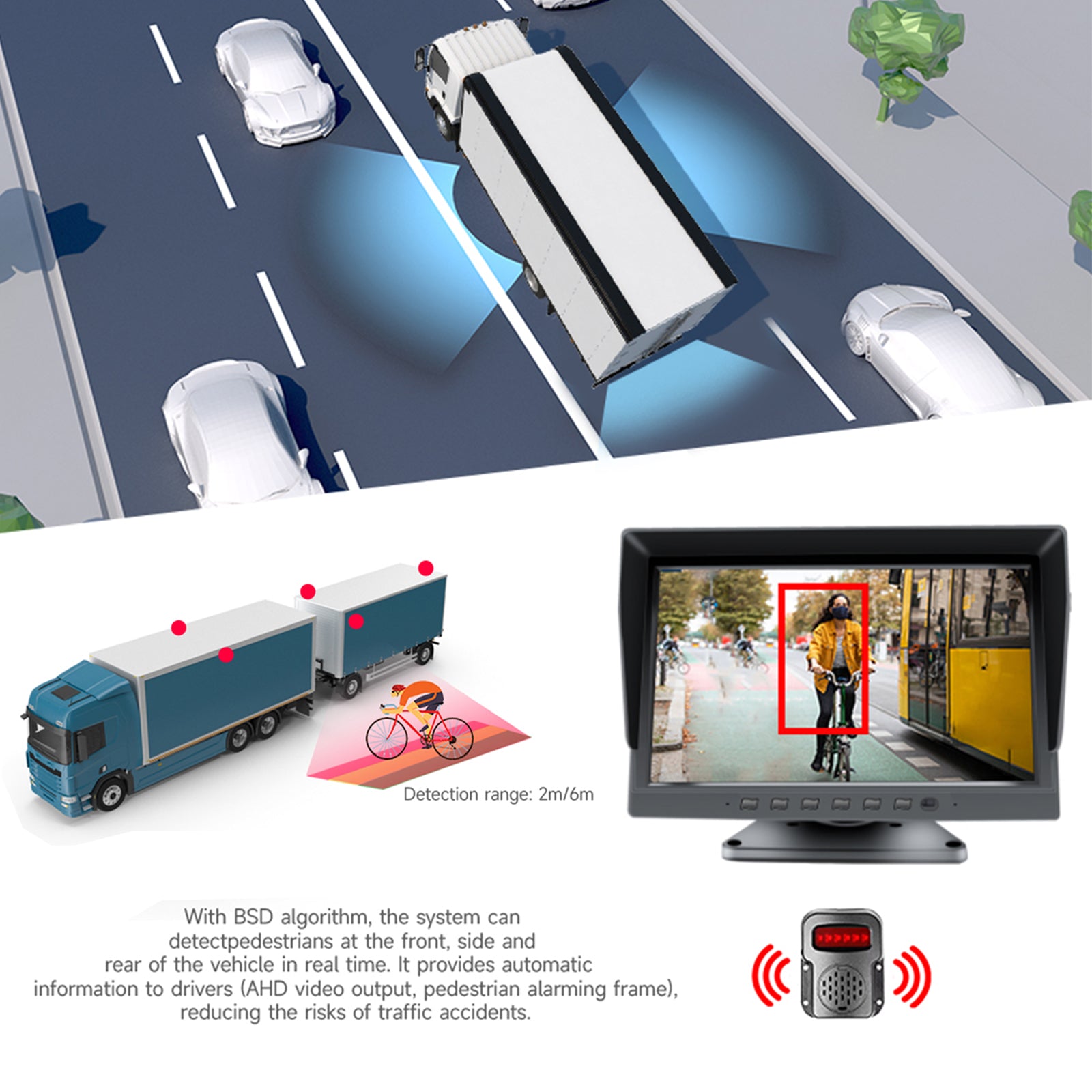 10.1 Inch IPS Touch Screen Monitor with ADAS BSD System for RV Truck Bus - 1024x600 Resolution + 6 Camera Setup - Backup Camera & Blind Spot Detection for Safer Driving