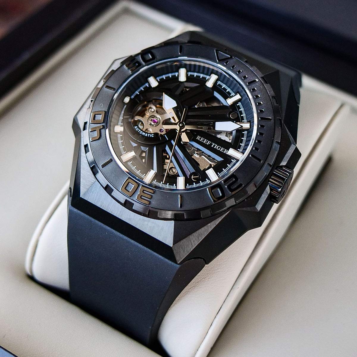 REEF TIGER Men's Military Dive Watch - Automatic Mechanical Skeleton Watch with Rubber Strap RGA6903-S | Waterproof Tactical Watch for Outdoor, Swimming & Daily Wear