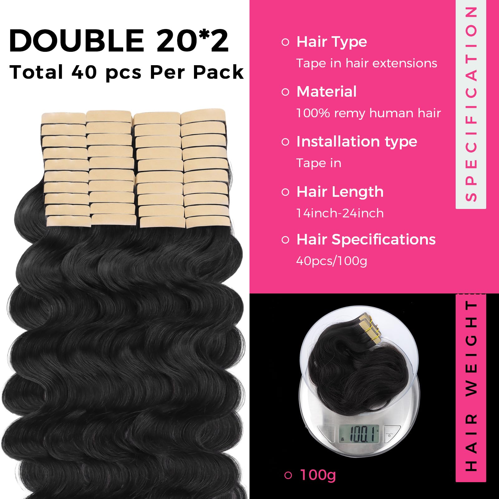 Lashey 40pcs 100g Natural Black Body Wave Human Hair Tape-in Extensions - 24 Inch Long Real Human Hair with Skin Weft for Women | Perfect for Volume Boost, Styling & Special Occasions