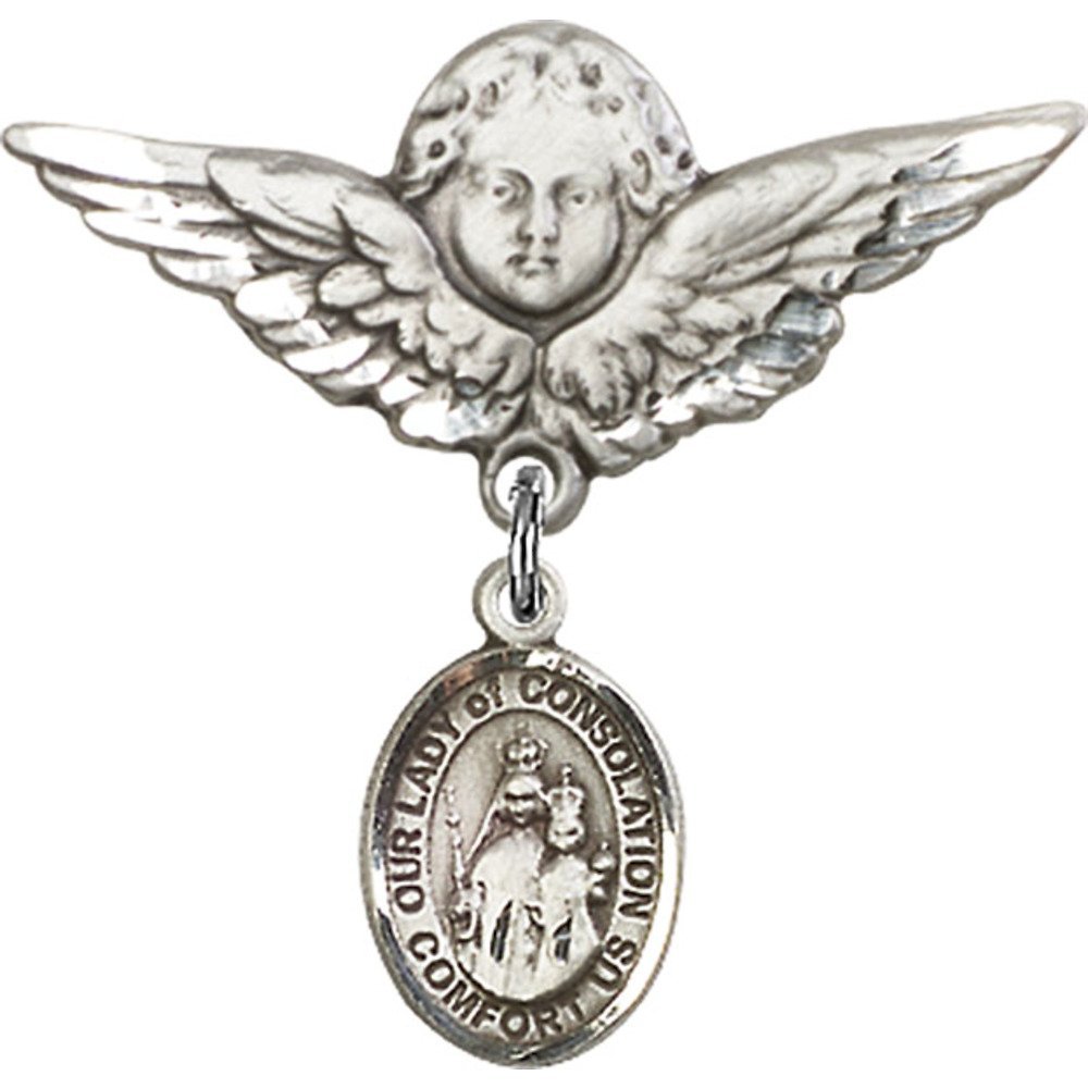Sterling Silver Baby Badge Pin with Our Lady of Consolation Charm & Angel Wing Charm - 1 1/8