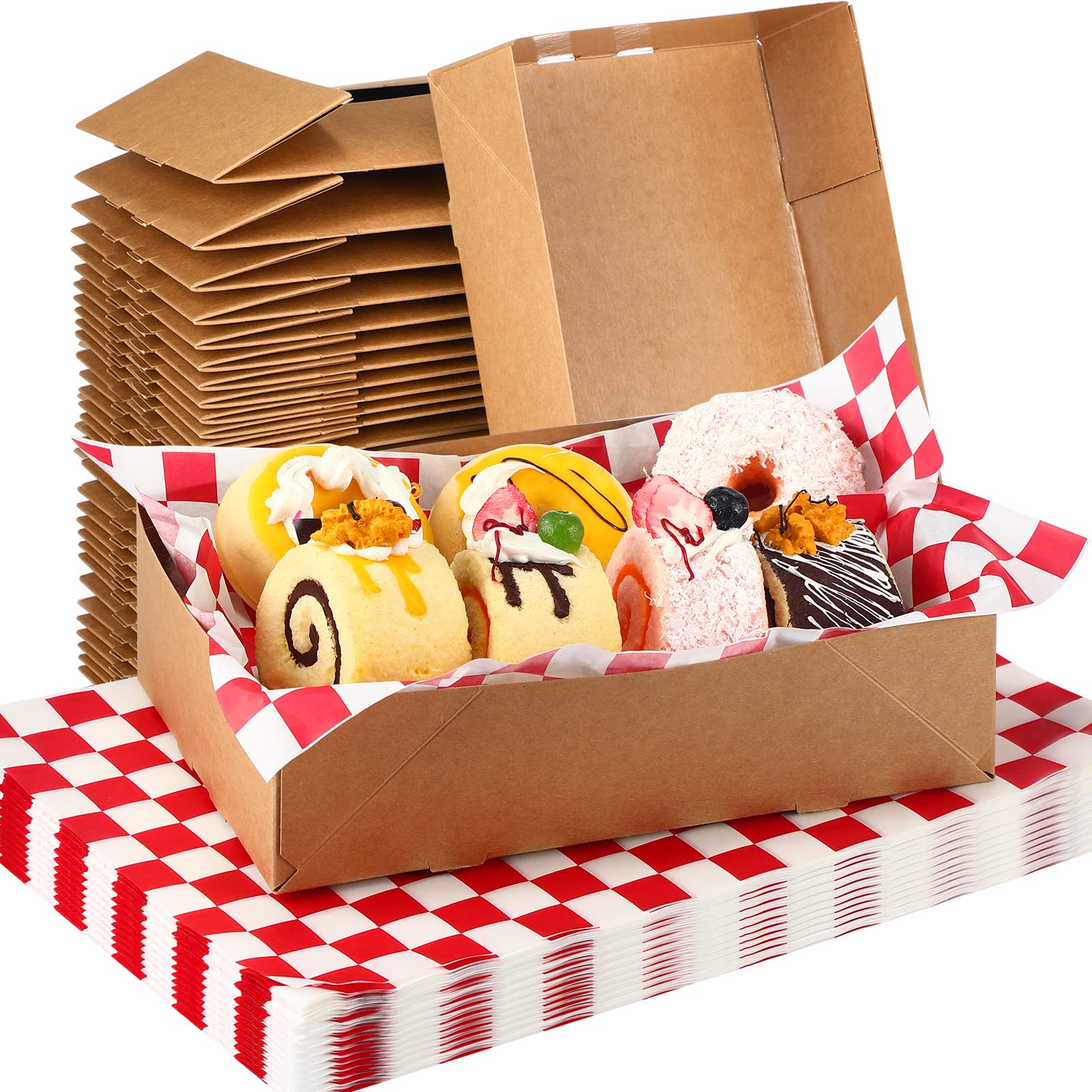 200 Pcs Kraft Paper Food Trays & Checkered Wrapping Paper Set - 4 Corner Pop-Up Disposable Cardboard Food Boxes - Greaseproof Brown Foldable Theater Snack Containers for Movies, Stadium Events & Party Catering