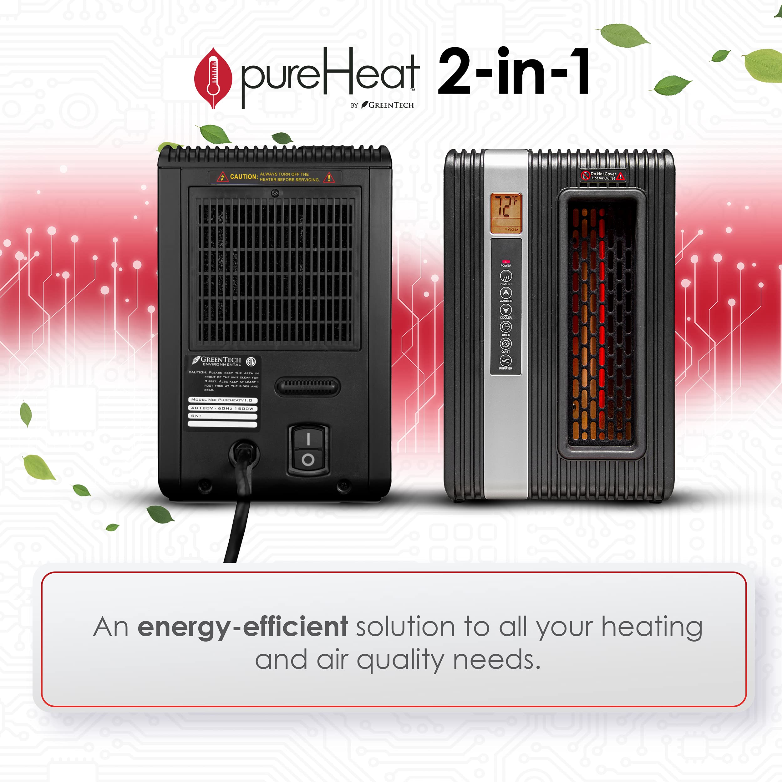 GreenTech Environmental pureHeat 2-in-1 Space Heater & Air Purifier with Remote - Safe & Energy Efficient Home Air Cleaner for Bedroom, Office, Bathroom - Perfect for Winter Heating and Allergy Relief