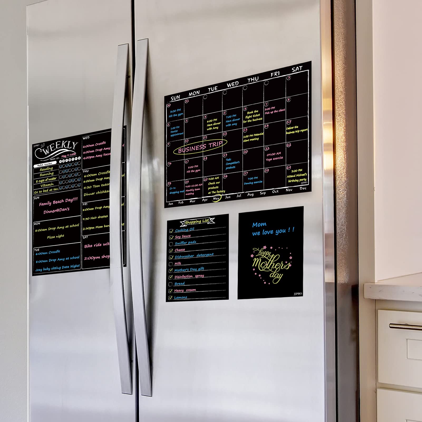 Magnetic Chalkboard Monthly Calendar Set - Weekly Planner & Refrigerator Blackboard with Neon Liquid Chalk Markers - Includes Bonus Grocery List Notepad for Kitchen Organization & Home Office Planning