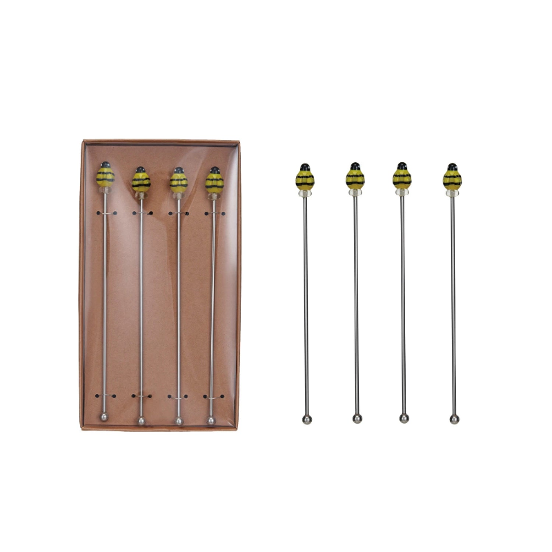 Premium Glass Bee Cocktail Stirrers - Set of 6 Handcrafted Bar Stir Sticks for Mixing Drinks, Perfect for Home Bars, Parties & Wedding Cocktail Accessories