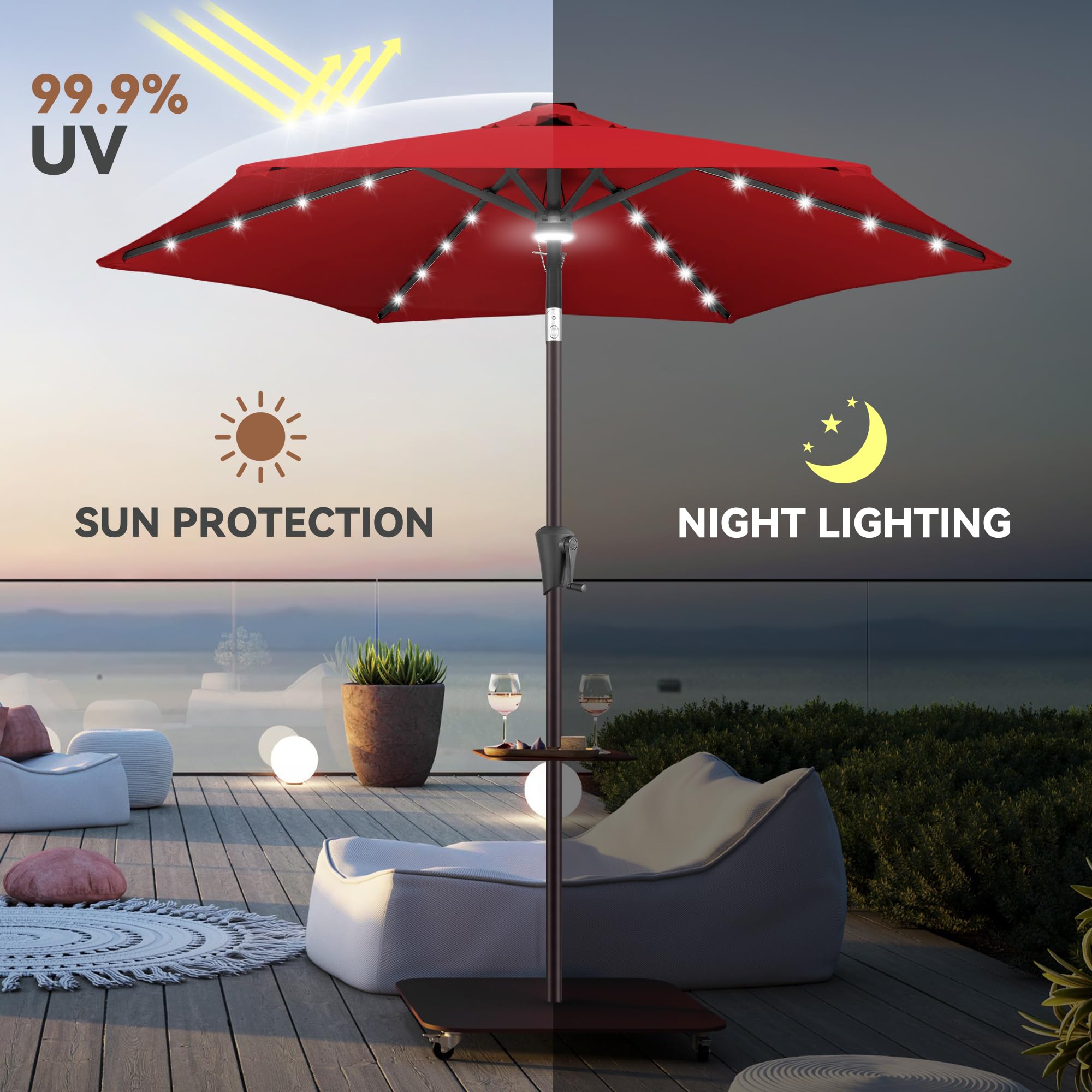 7.5ft Solar Powered LED Patio Umbrella with Tilt & Crank - Waterproof UV Protection Outdoor Umbrella for Pool, Garden, Deck - 24 LED Lights for Nighttime Use (Red) | Perfect for Backyard Dining, Porch Relaxation & Outdoor Entertaining